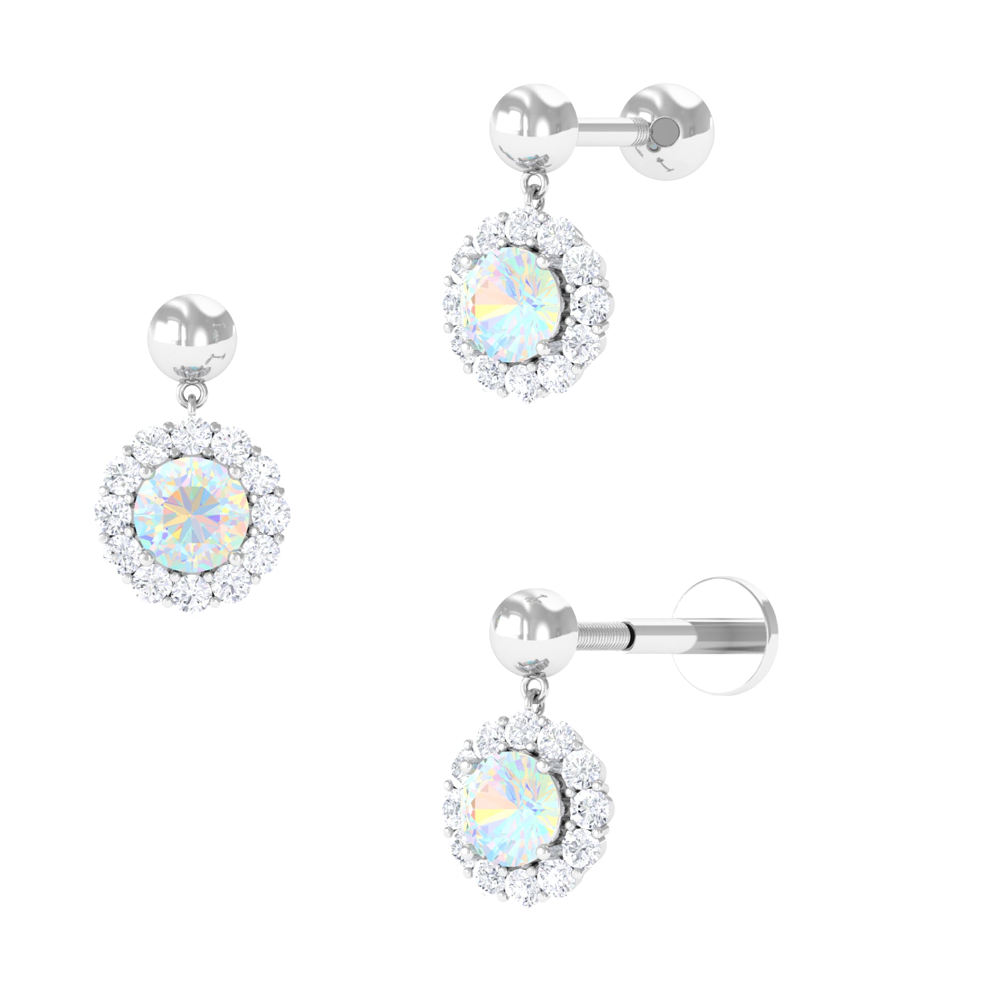 Ethiopian Opal and Moissanite Halo Cartilage Drop Earring Ethiopian Opal - ( AAA ) - Quality - Rosec Jewels