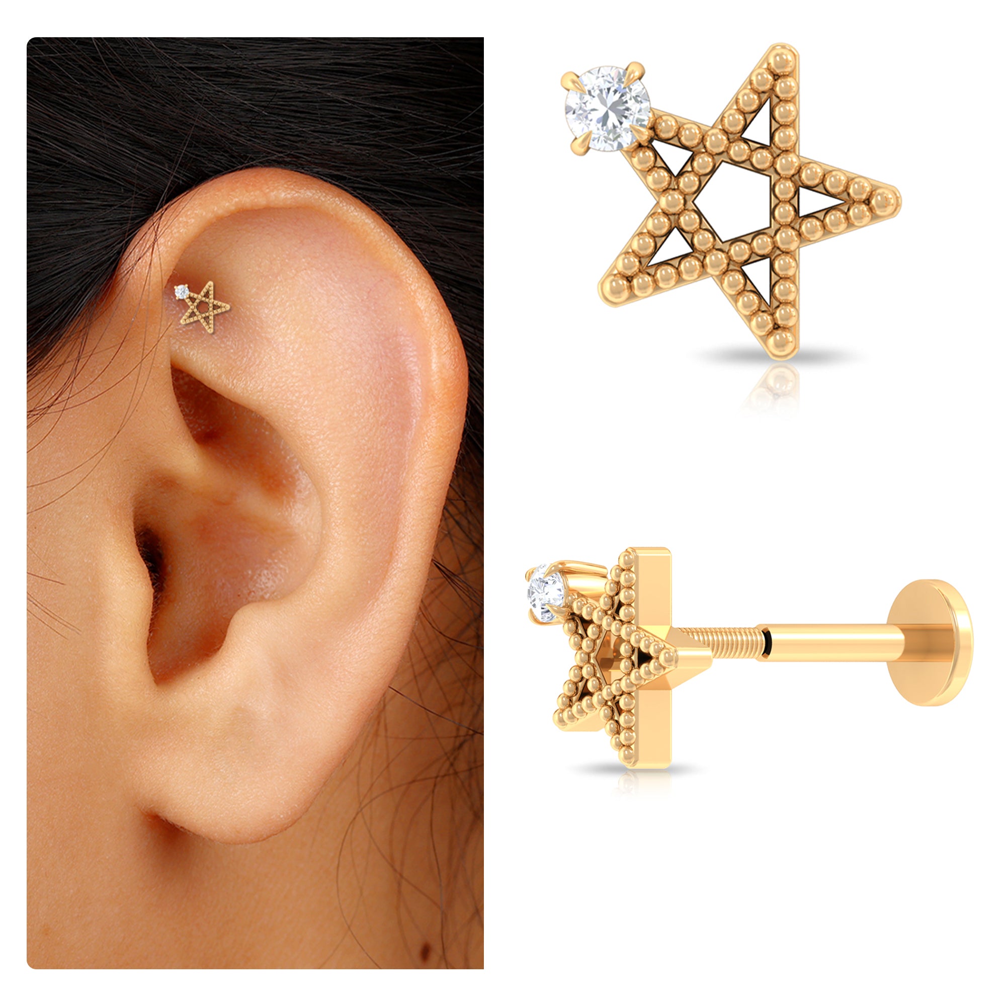 Natural Diamond Star Cartilage Earring with Beaded Gold Diamond - ( HI-SI ) - Color and Clarity - Rosec Jewels
