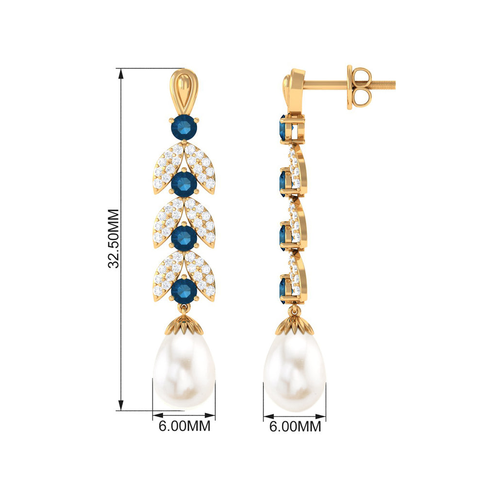 Freshwater Pearl and London Blue Topaz Drop Earrings with Moissanite Freshwater Pearl - ( AAA ) - Quality - Rosec Jewels