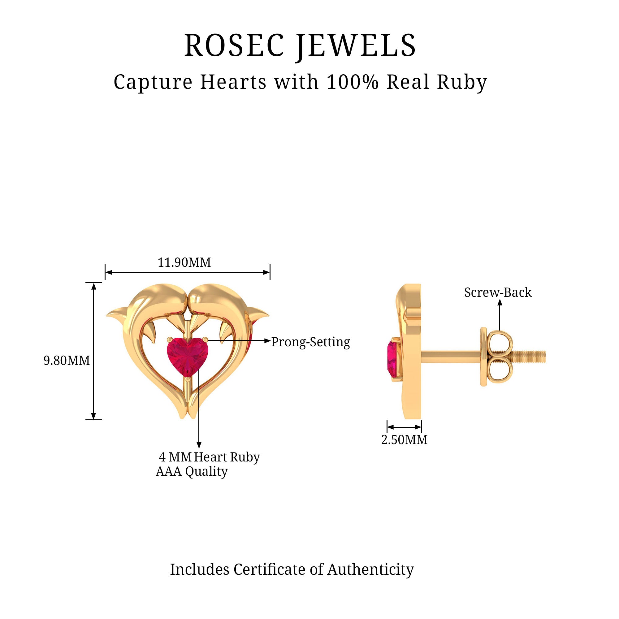 Heart Shape Ruby Dolphin Stud Earrings Ruby - ( AAA ) - Quality - Rosec Jewels