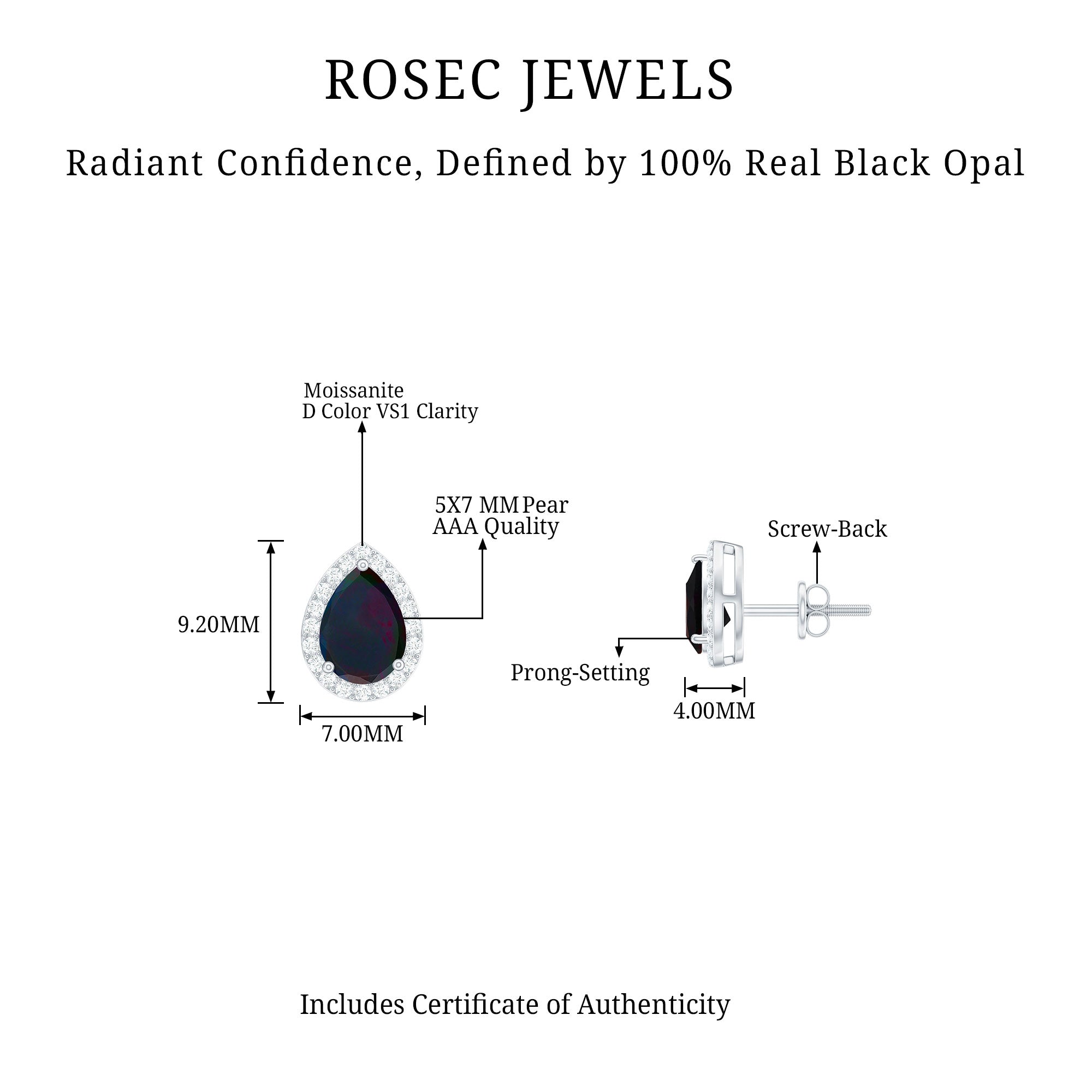 1.5 CT Classic Pear Cut Black Opal and Moissanite Halo Stud Earrings Black Opal - ( AAA ) - Quality - Rosec Jewels