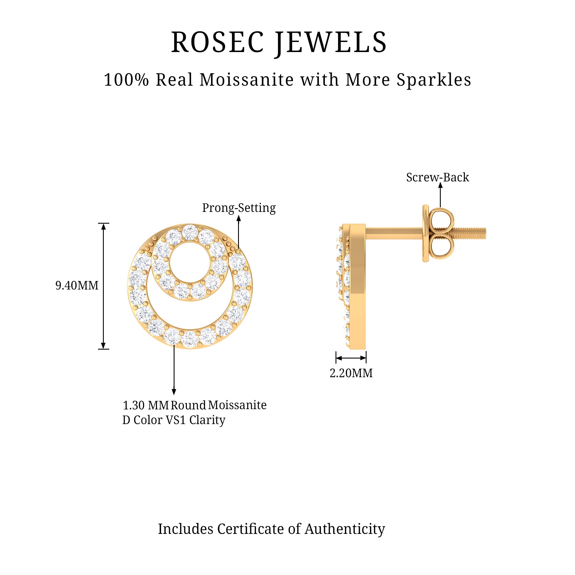 1/2 CT Round Moissanite Double Circle Stud Earrings Moissanite - ( D-VS1 ) - Color and Clarity - Rosec Jewels