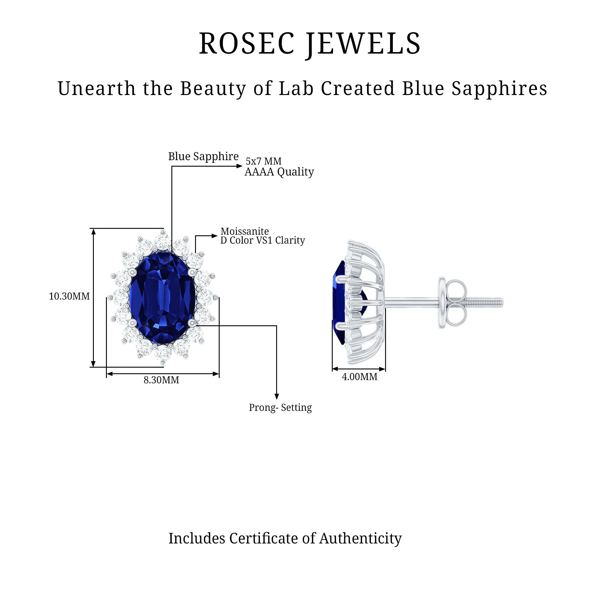 Oval Cut Created Blue Sapphire Silver Stud Earrings with Moissanite Halo Lab Created Blue Sapphire - ( AAAA ) - Quality 92.5 Sterling Silver - Rosec Jewels