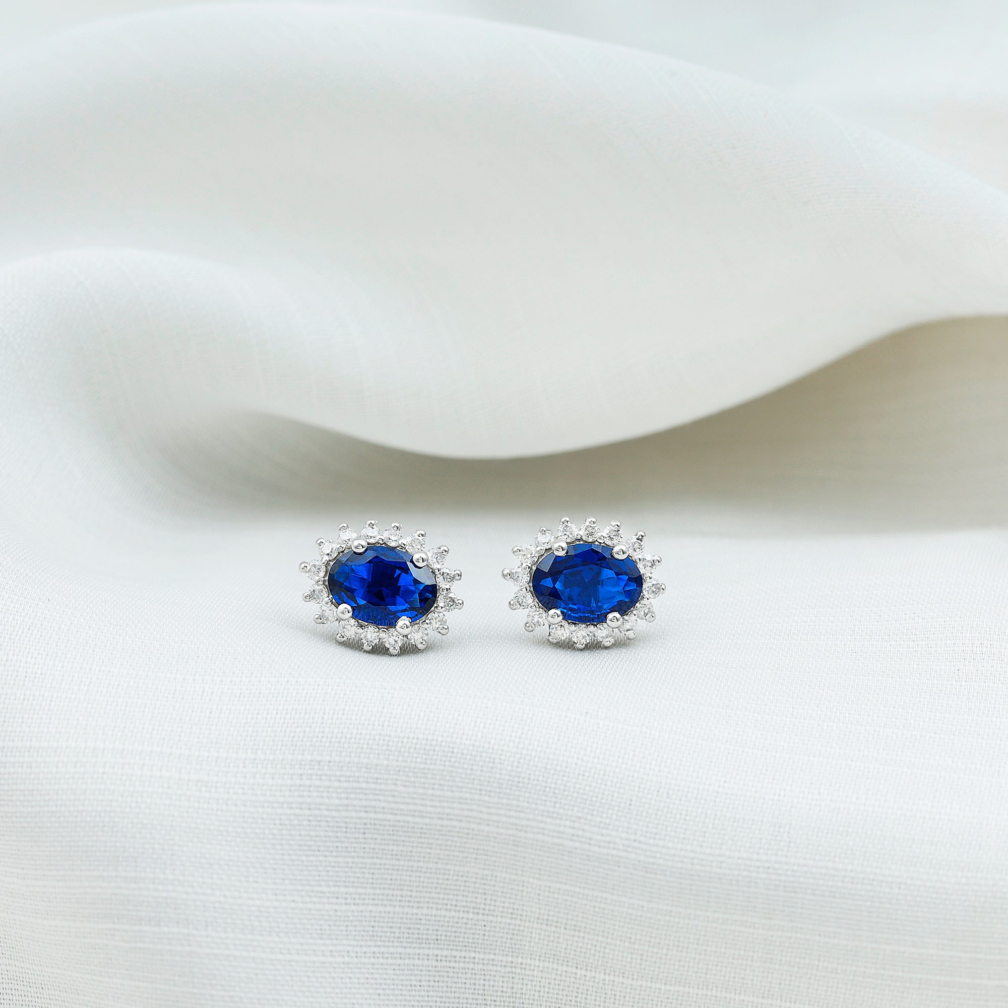 Oval Cut Created Blue Sapphire Silver Stud Earrings with Moissanite Halo Lab Created Blue Sapphire - ( AAAA ) - Quality 92.5 Sterling Silver - Rosec Jewels
