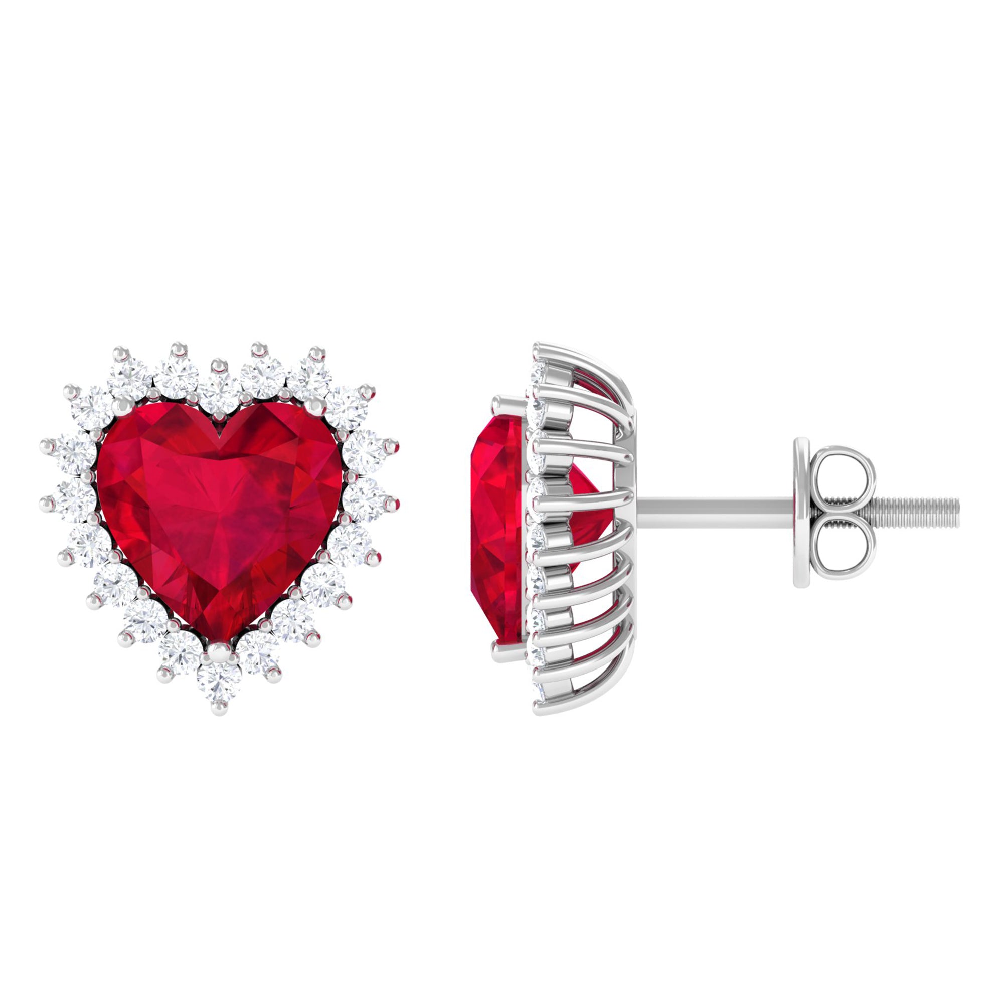 Heart Shape Created Ruby Stud Earrings with Diamond Halo Lab Created Ruby - ( AAAA ) - Quality - Rosec Jewels