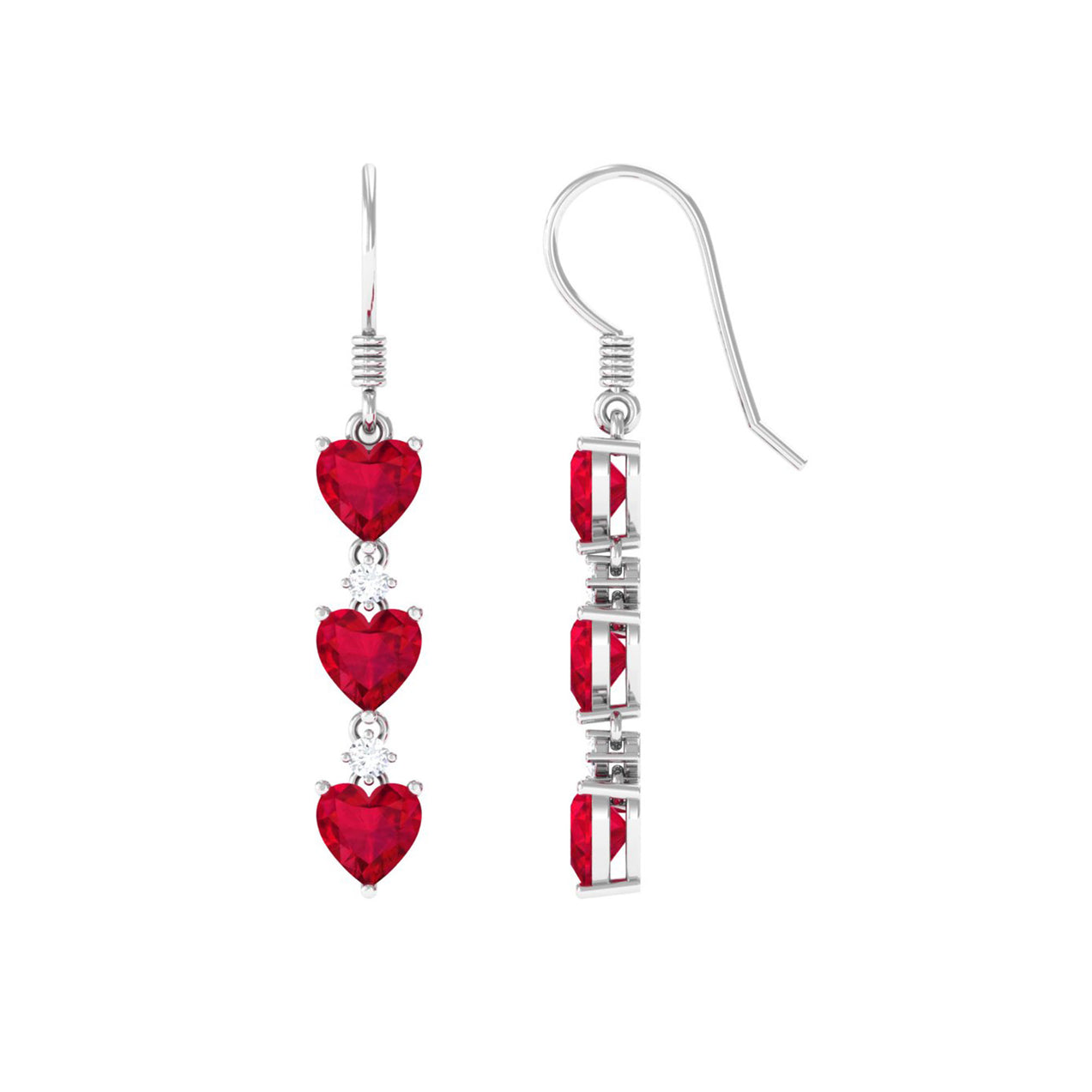 Ruby and Moissanite Heart Dangle Earrings with Fish Hook Ruby - ( AAA ) - Quality - Rosec Jewels