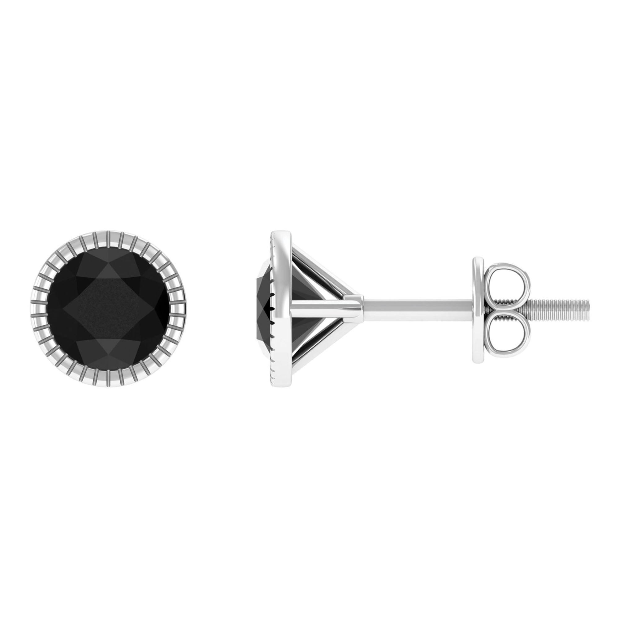 Round Black Diamond Gold Solitaire Stud Earring in Bezel Setting Black Diamond - ( AAA ) - Quality - Rosec Jewels