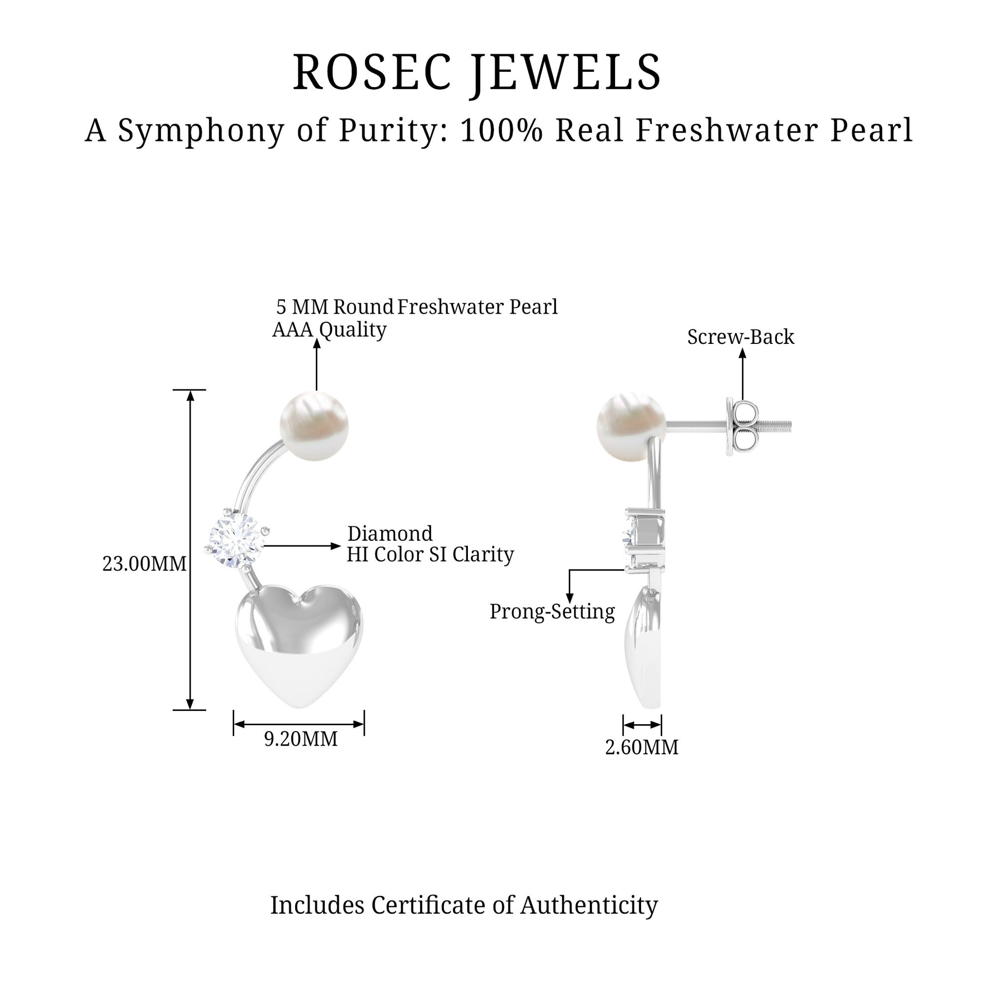 4.75 CT Freshwater Pearl and Diamond Heart Dangle Earrings Freshwater Pearl - ( AAA ) - Quality - Rosec Jewels