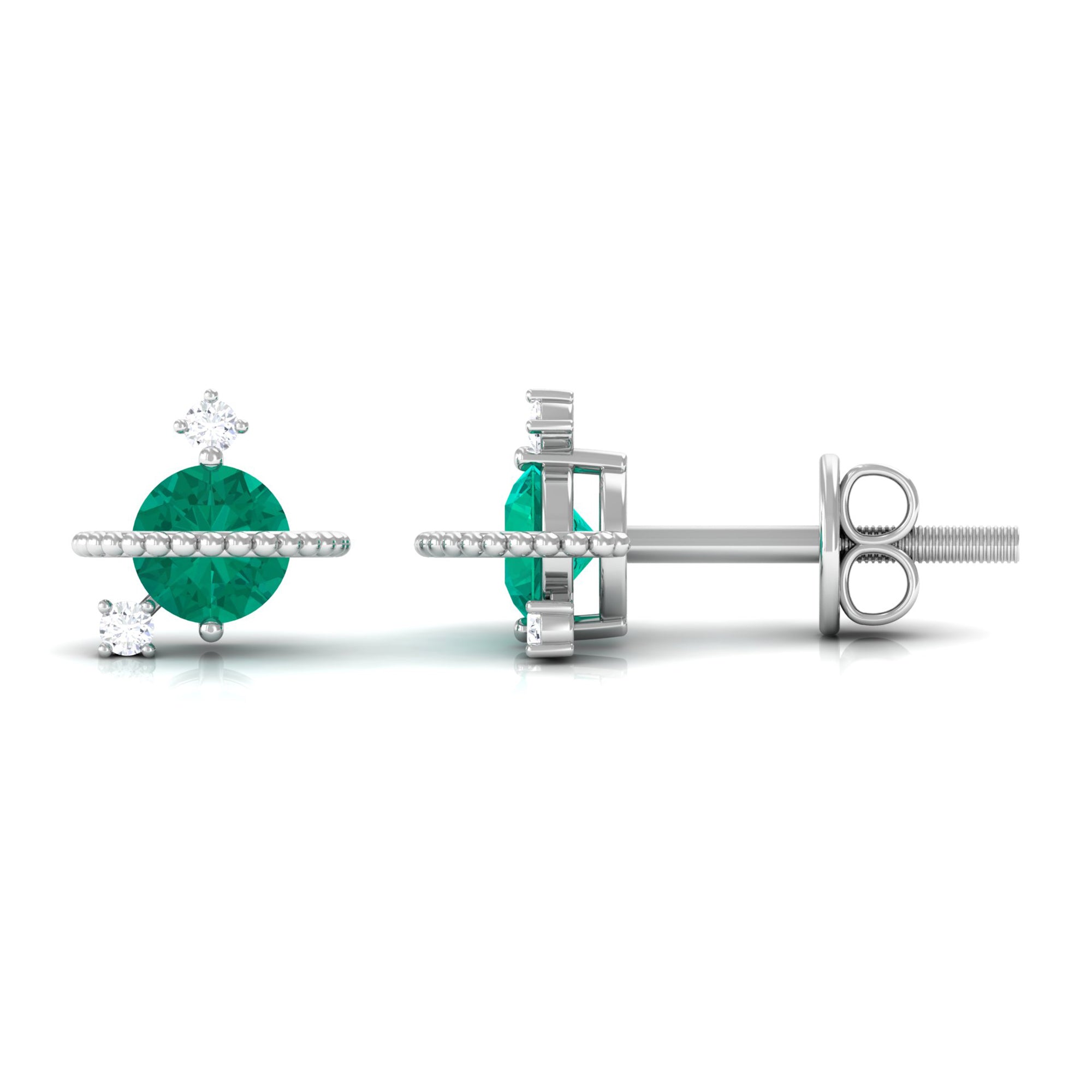 Solitaire Emerald and Diamond Contemporary Stud Earrings Emerald - ( AAA ) - Quality - Rosec Jewels