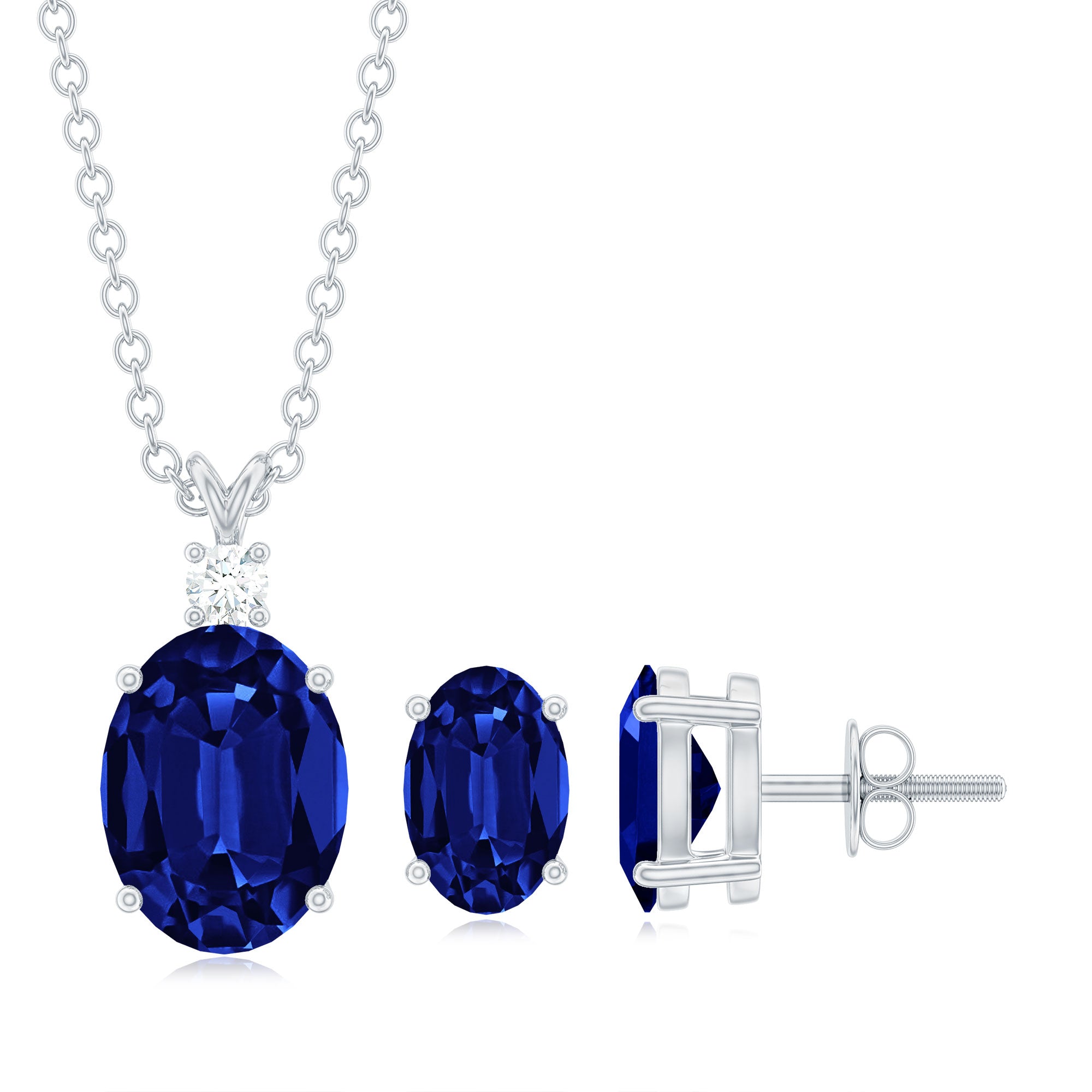 Oval Created Blue Sapphire Silver Solitaire Jewelry Set with Moissanite - Rosec Jewels