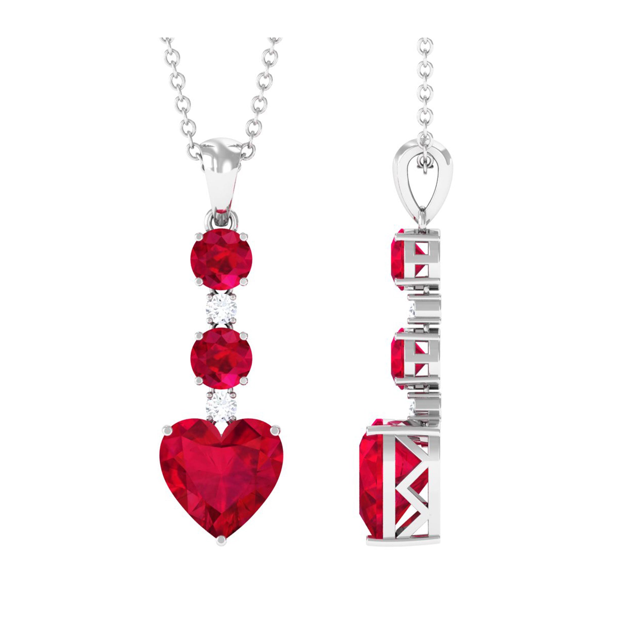 Created Ruby and Moissanite Heart Dangle Pendant Necklace in Silver - Rosec Jewels