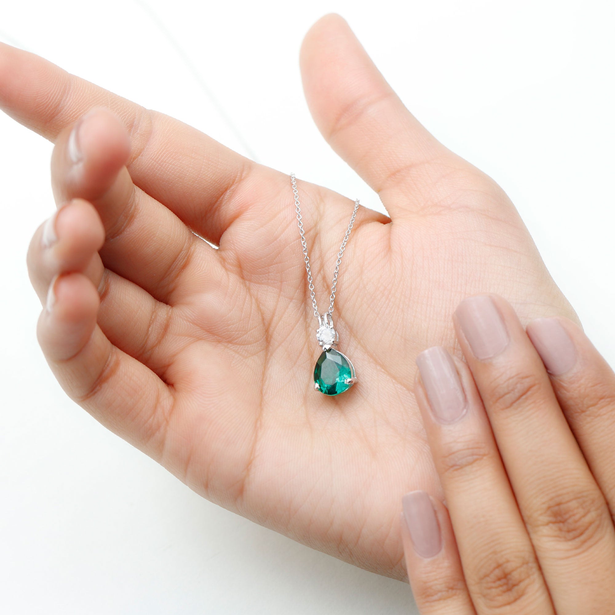 Created Emerald and Zircon Modern Teardrop Pendant in Silver - Rosec Jewels