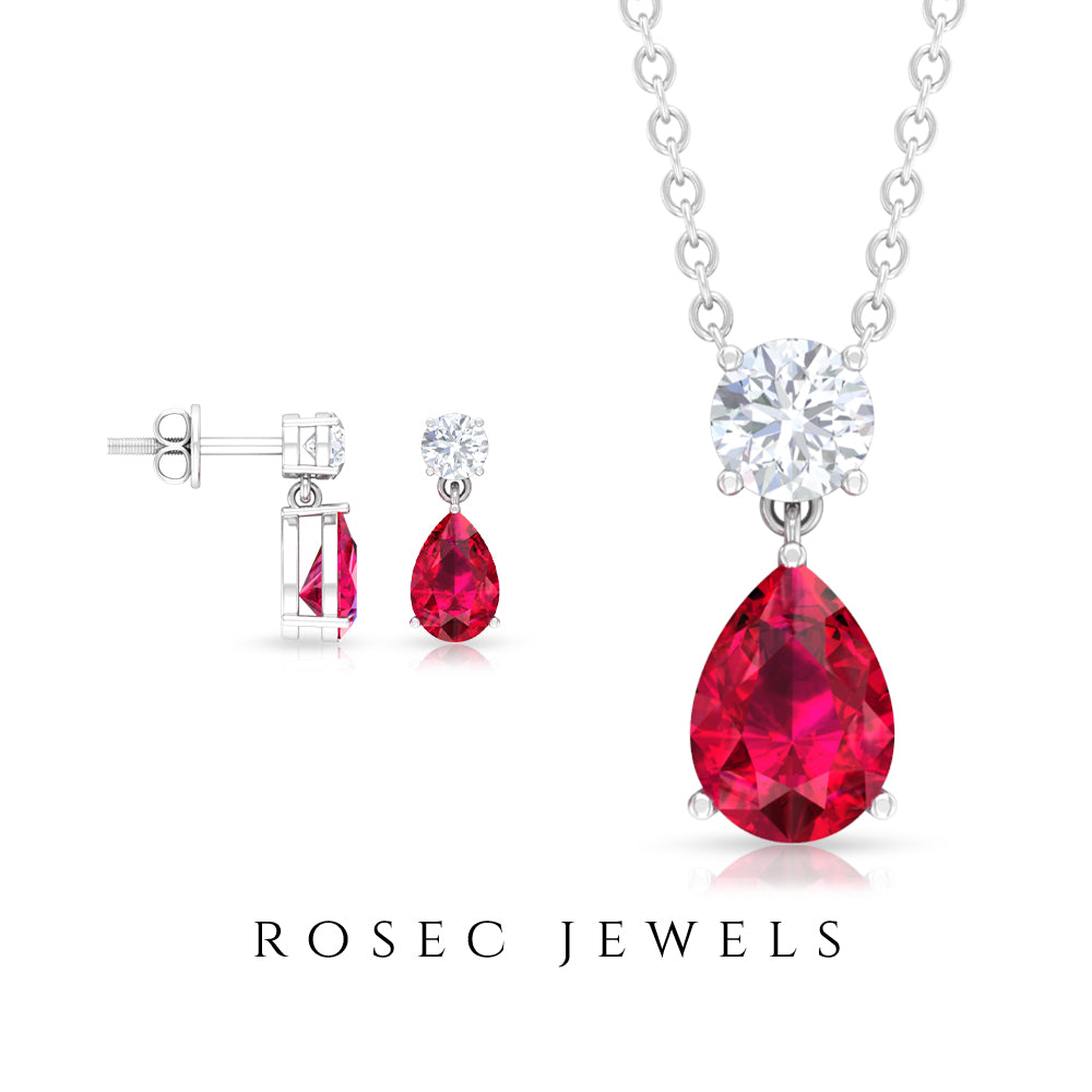 Classic Pear Shape Ruby Jewelry Set with Moissanite Ruby - ( AAA ) - Quality - Rosec Jewels