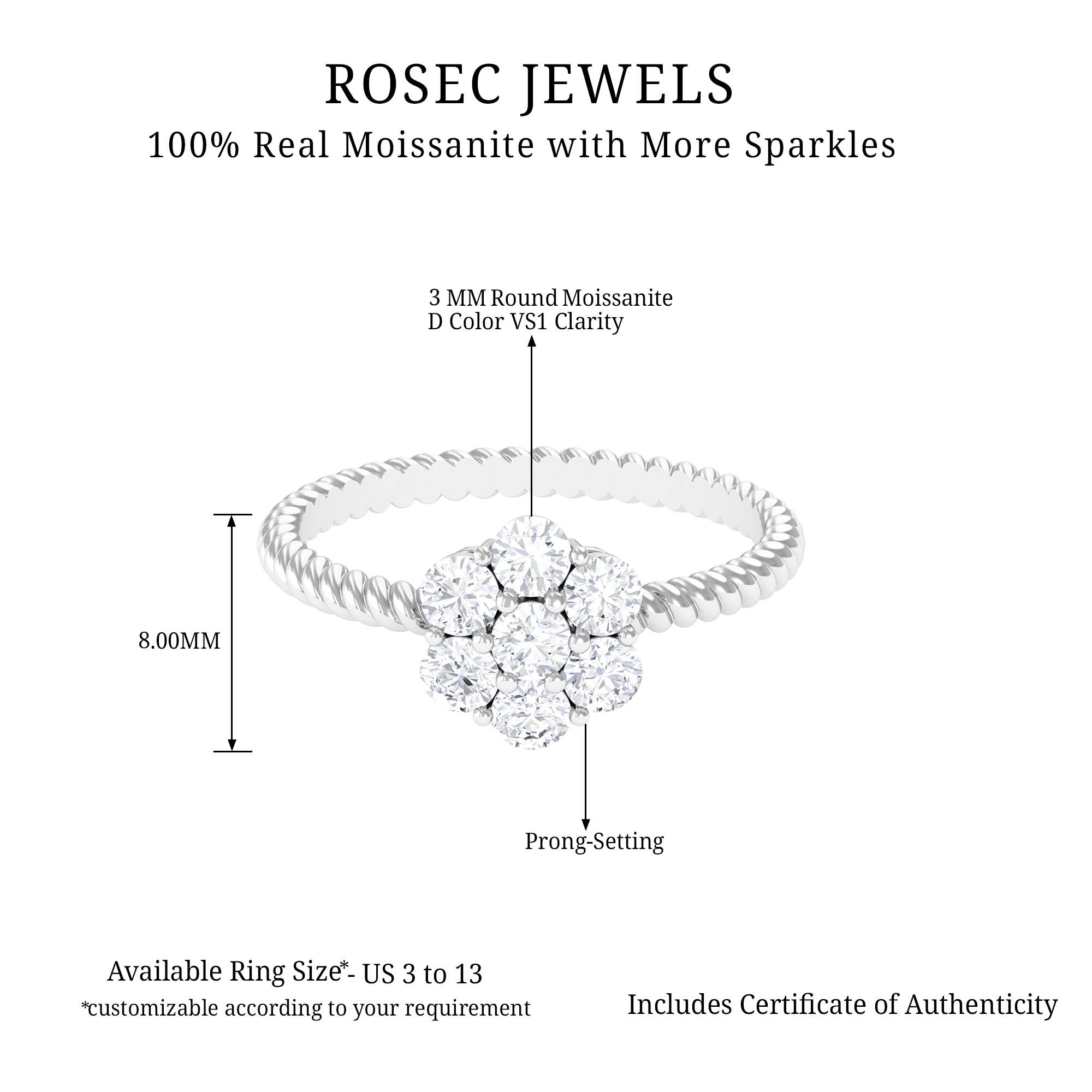3/4 CT Moissanite Floral Cluster Ring with Twisted Rope Details Moissanite - ( D-VS1 ) - Color and Clarity - Rosec Jewels