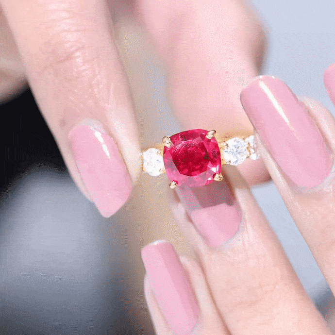 Asscher Cut Created Ruby Solitaire Ring with Moissanite Side Stones Lab Created Ruby - ( AAAA ) - Quality - Rosec Jewels