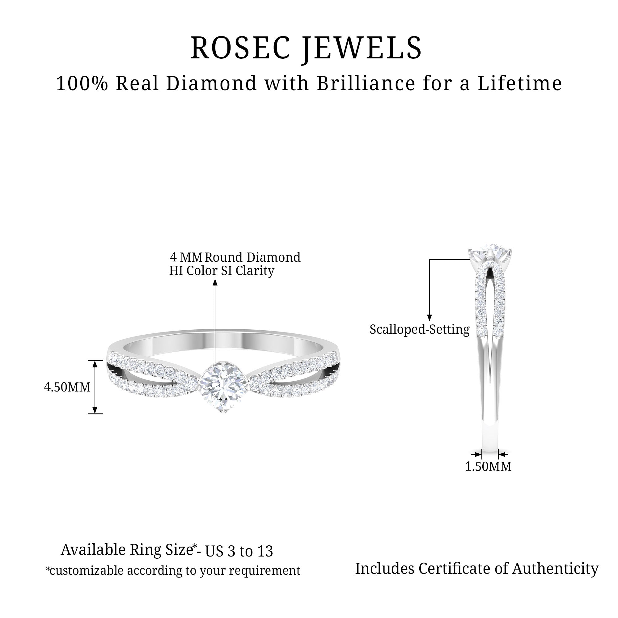 1/2 CT Split Shank Pure Diamond Solitaire Engagement Ring Diamond - ( HI-SI ) - Color and Clarity - Rosec Jewels