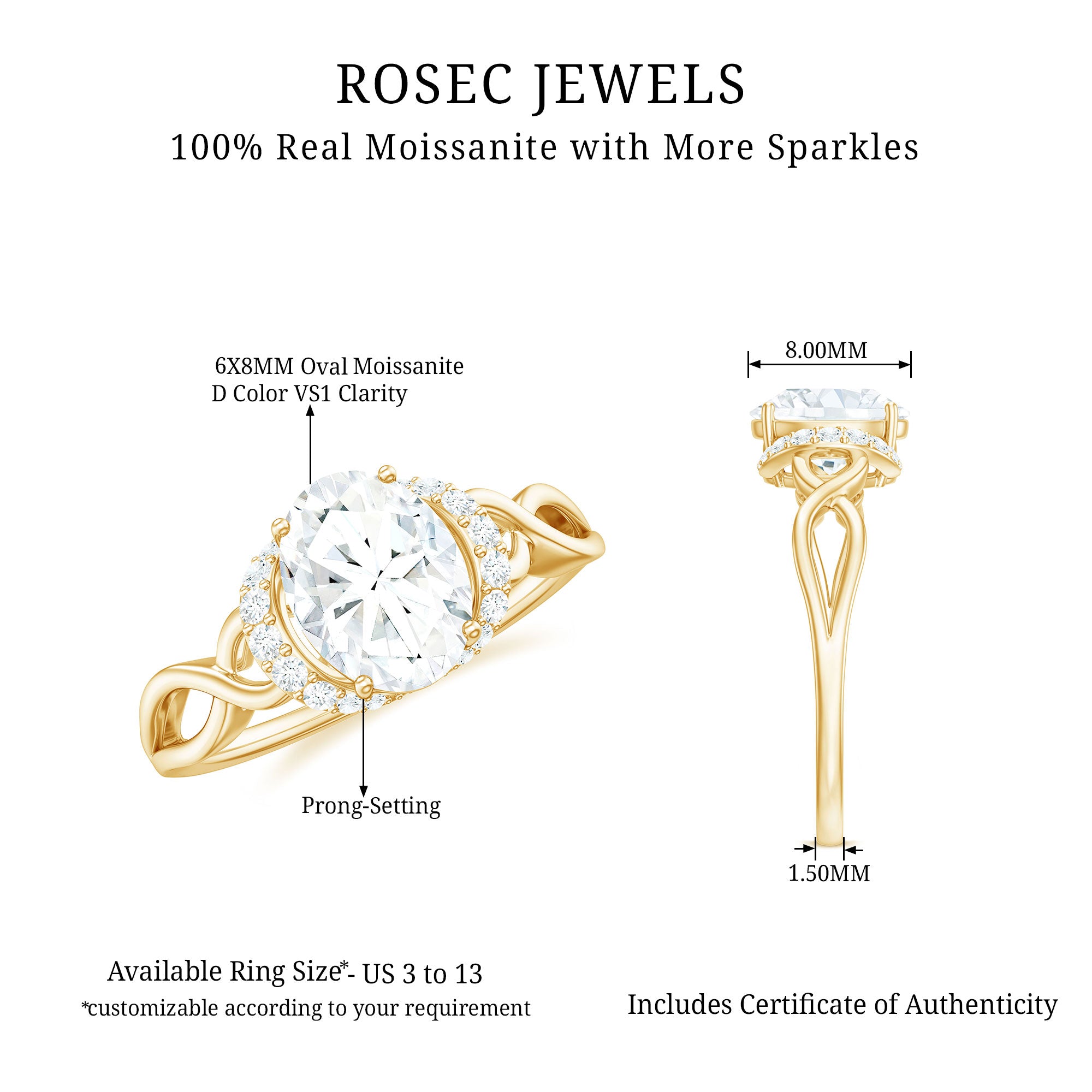 Oval Shape Moissanite Solitaire Infinity Ring in Gold Moissanite - ( D-VS1 ) - Color and Clarity - Rosec Jewels