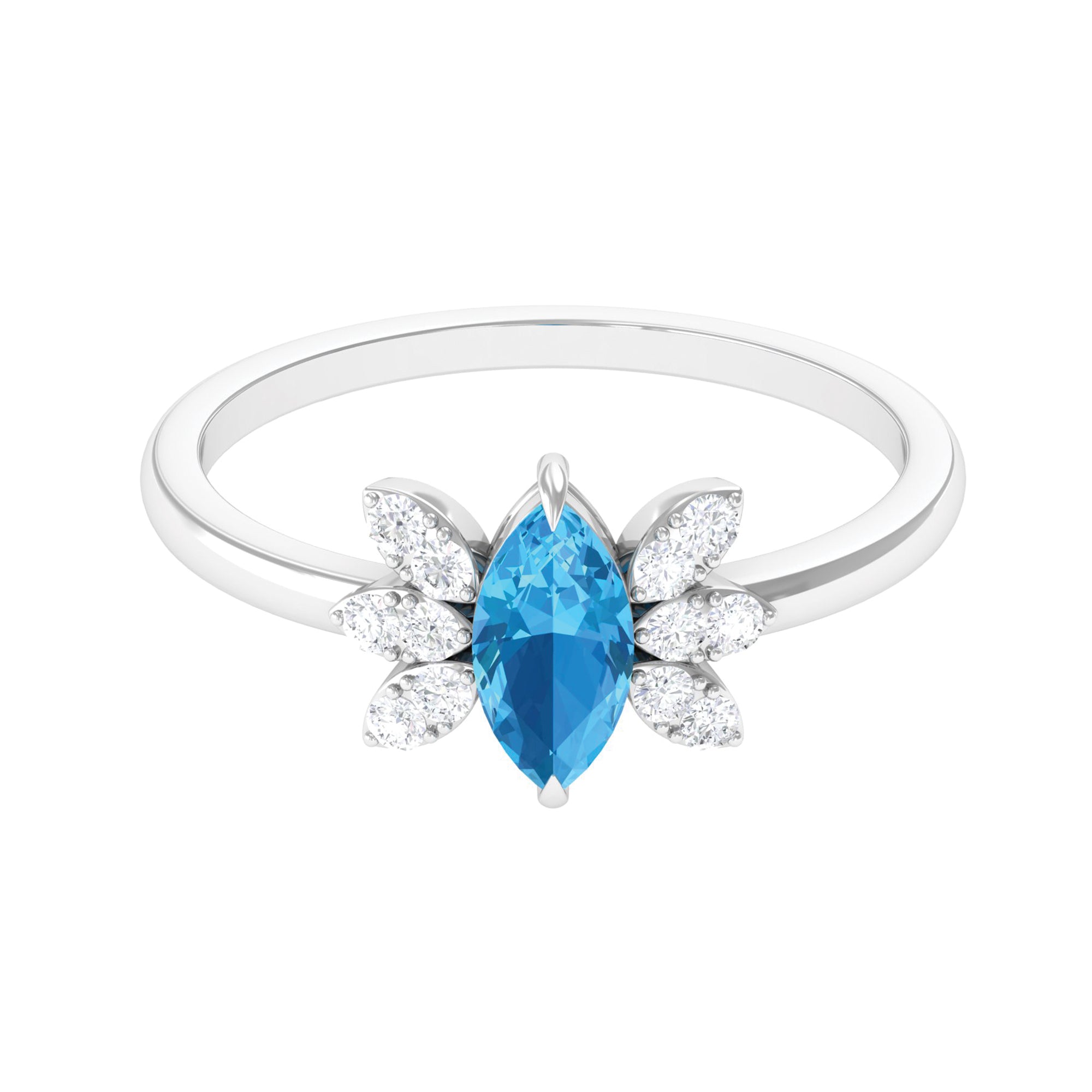 1 CT Marquise Cut Swiss Blue Topaz Promise Ring with Moissanite Swiss Blue Topaz - ( AAA ) - Quality 92.5 Sterling Silver 9 - Rosec Jewels