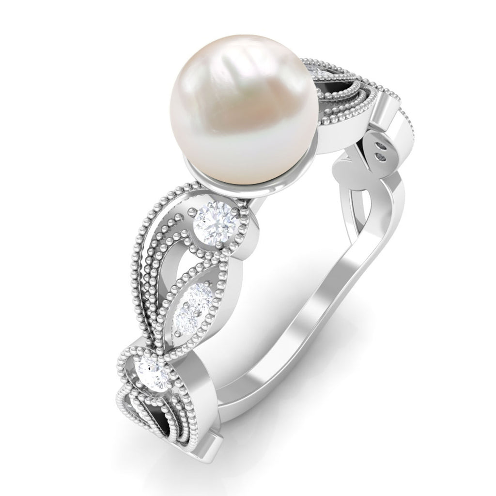 2.5 CT Freshwater Pearl Solitaire Beaded Ring with Diamond Freshwater Pearl - ( AAA ) - Quality - Rosec Jewels