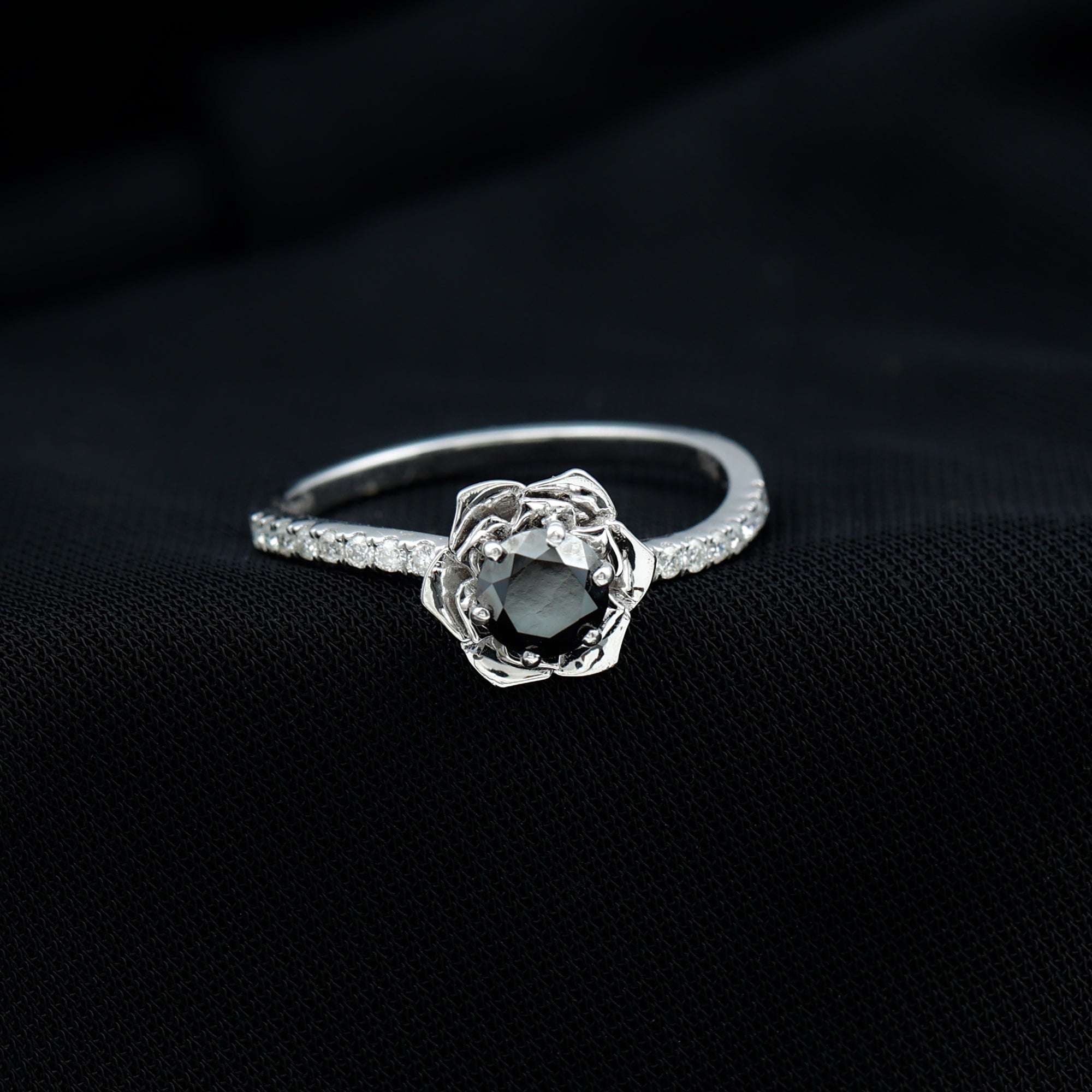 Real Black Diamond and Diamond Flower Engagement Ring Black Diamond - ( AAA ) - Quality - Rosec Jewels