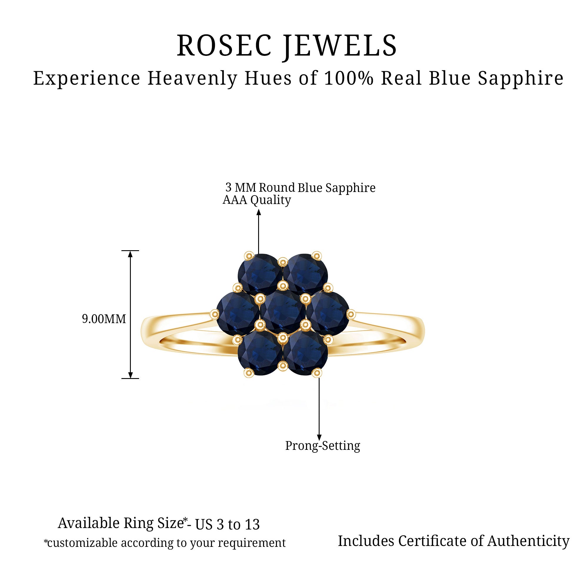 1 CT Round Shape Blue Sapphire Cluster Flower Ring Blue Sapphire - ( AAA ) - Quality - Rosec Jewels