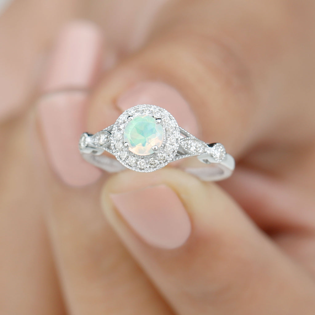 1 CT Antique Ethiopian Opal and Diamond Engagement Ring with Milgrain Details Ethiopian Opal - ( AAA ) - Quality - Rosec Jewels