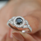 Certified Created Black Diamond Vintage Style Engagement Ring with Diamond Lab Created Black Diamond - ( AAAA ) - Quality - Rosec Jewels