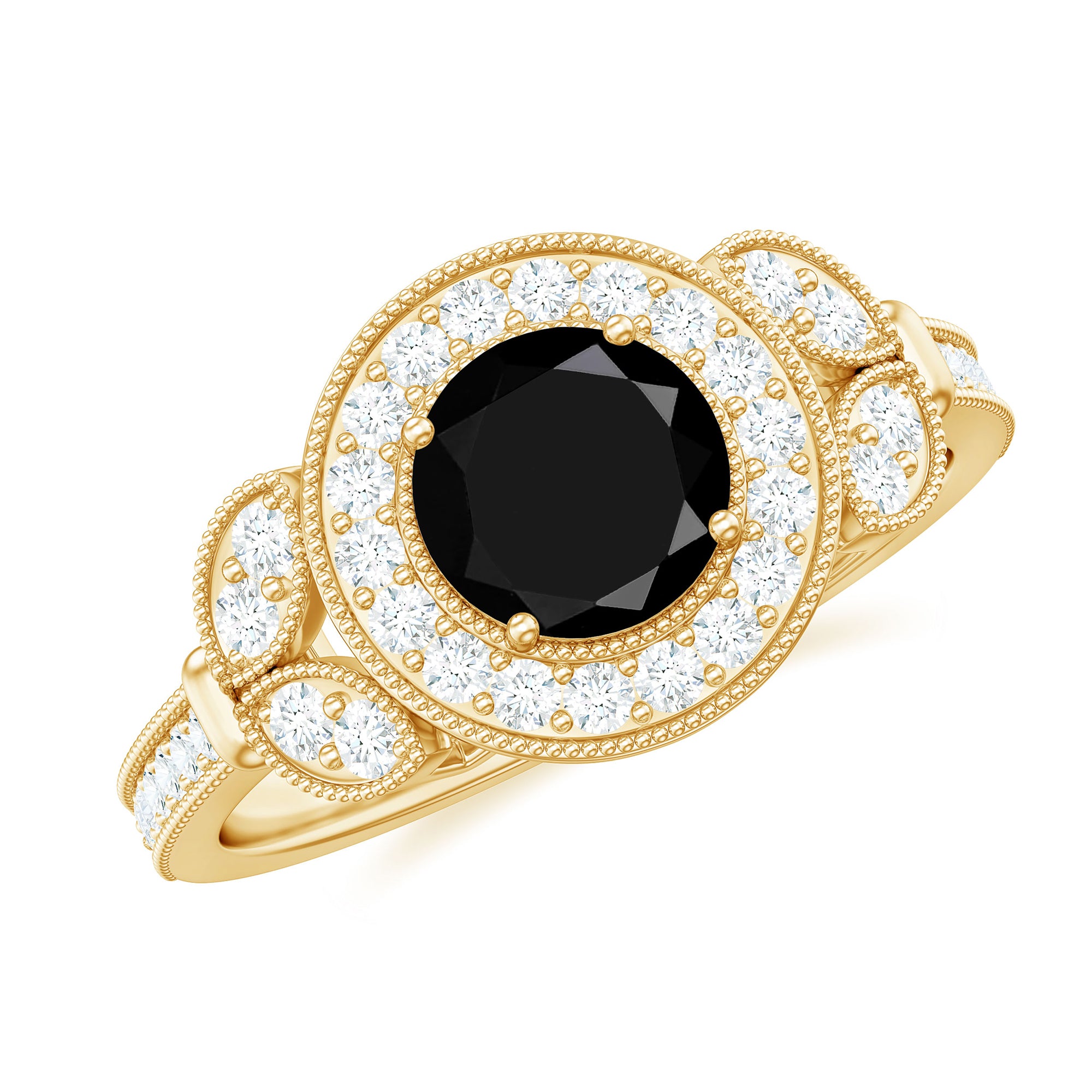 Certified Created Black Diamond Vintage Style Engagement Ring with Diamond Lab Created Black Diamond - ( AAAA ) - Quality - Rosec Jewels
