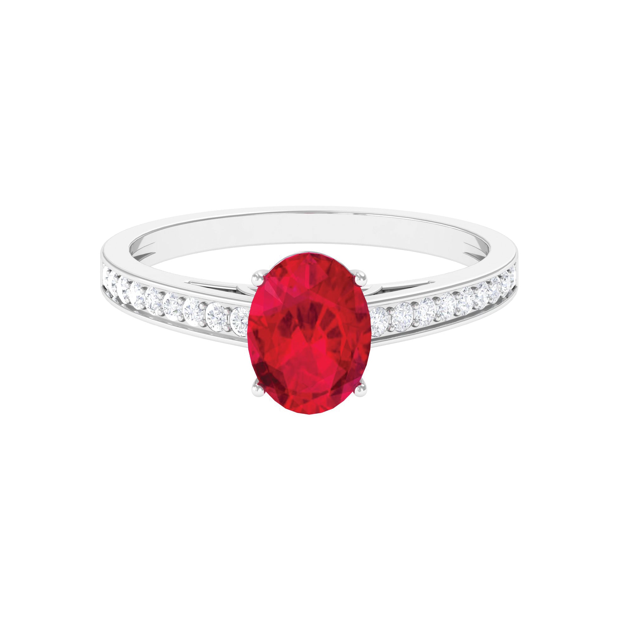 Oval Lab Grown Ruby Solitaire Ring with Moissanite Side Stones Lab Created Ruby - ( AAAA ) - Quality 92.5 Sterling Silver 6 - Rosec Jewels