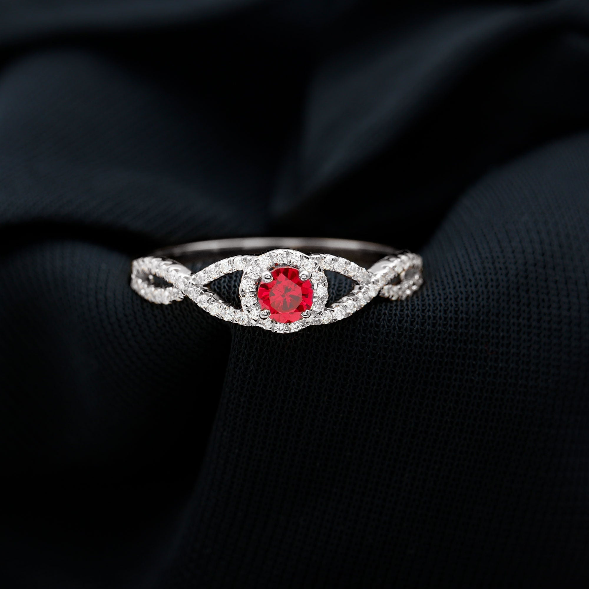 Criss Cross Shank Created Ruby and Diamond Halo Engagement Ring Lab Created Ruby - ( AAAA ) - Quality - Rosec Jewels