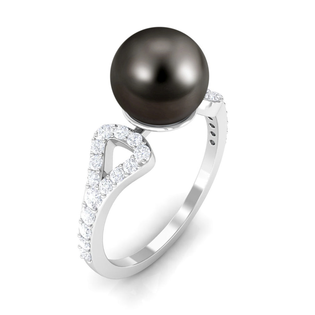 Round Tahitian Pearl Solitaire Engagement Ring with Diamond Tahitian pearl - ( AAA ) - Quality - Rosec Jewels