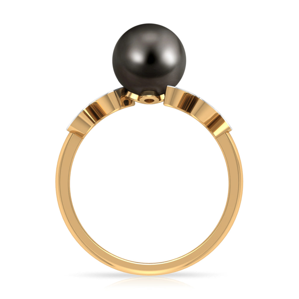 Tahitian Black Pearl and Diamond Leaf Minimal Engagement Ring Tahitian pearl - ( AAA ) - Quality - Rosec Jewels