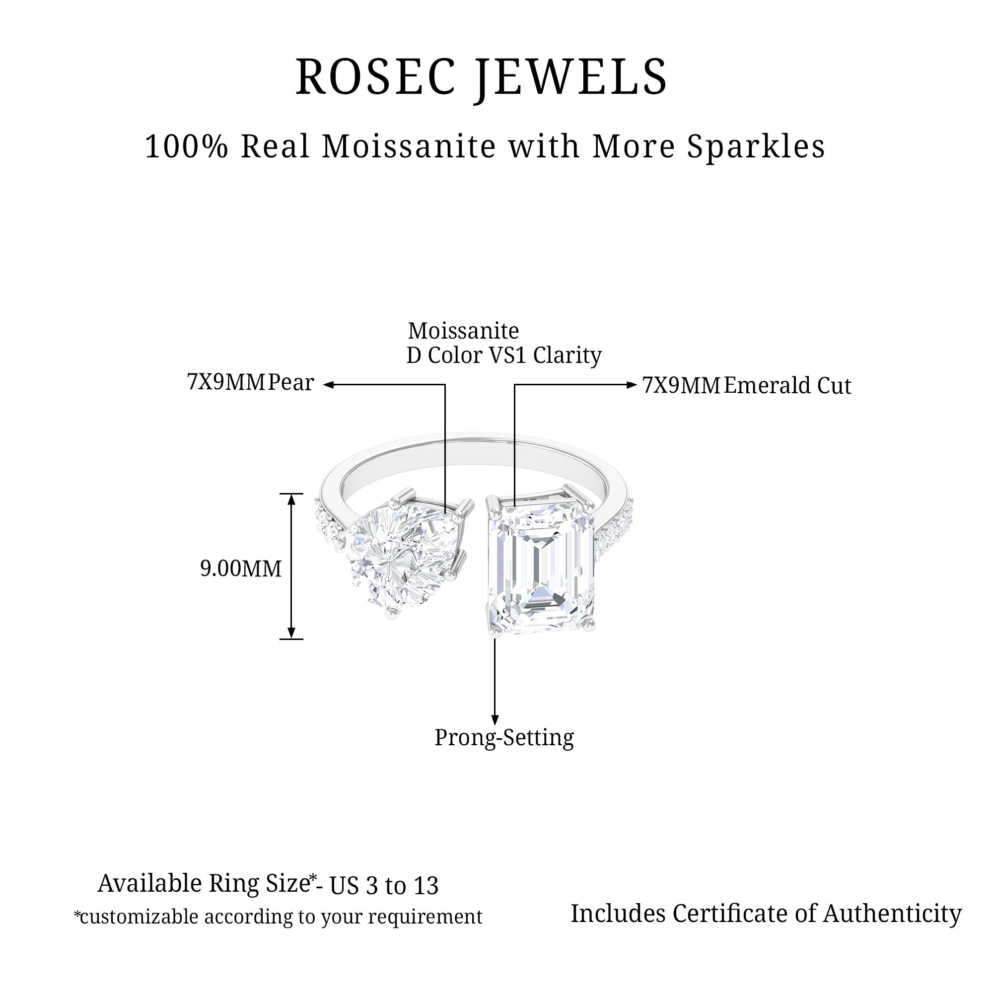 Toi Et Moi Moissanite Engagement Ring 3 Carat Moissanite - ( D-VS1 ) - Color and Clarity - Rosec Jewels