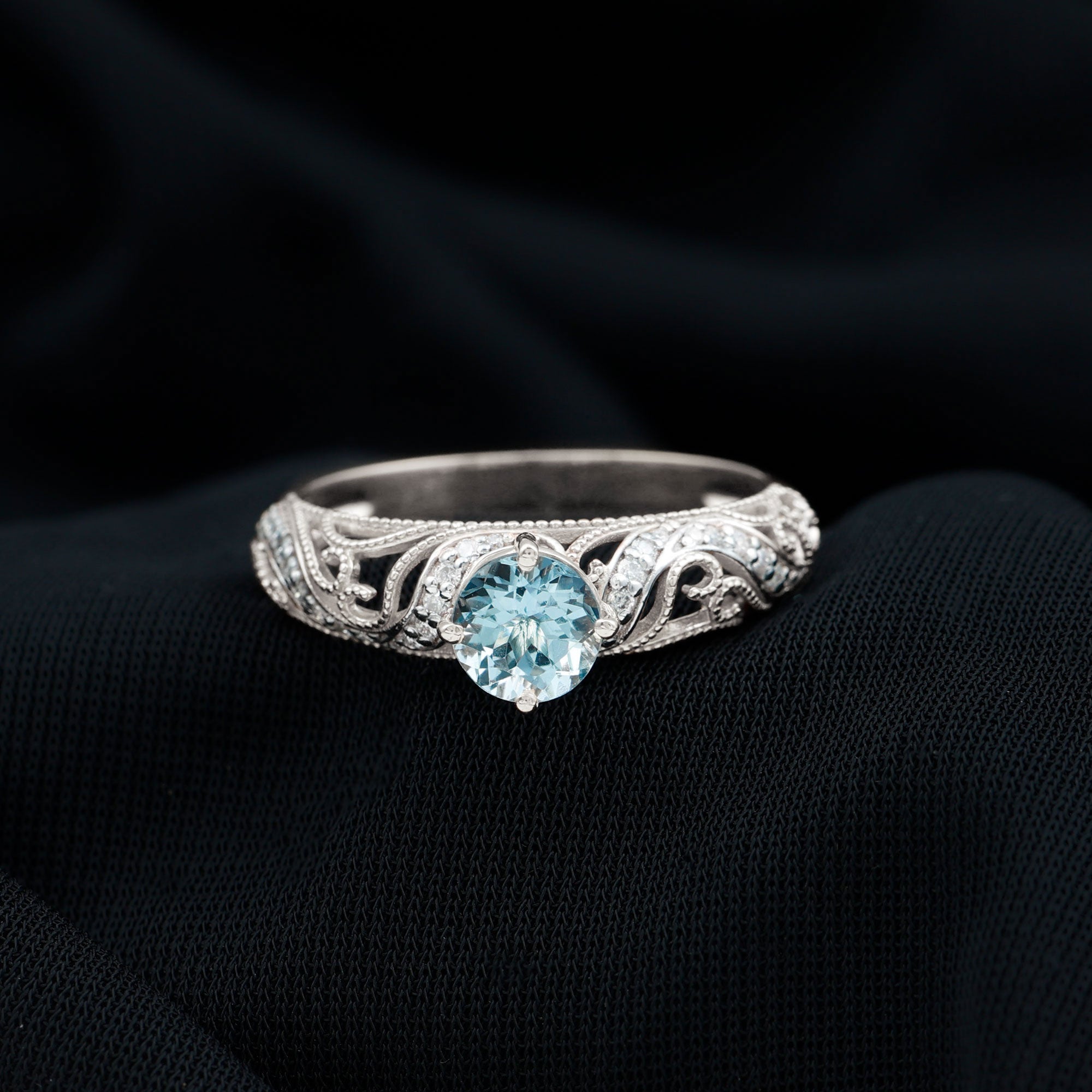 1 CT Vintage Engagement Ring with Aquamarine and Diamond Aquamarine - ( AAA ) - Quality - Rosec Jewels