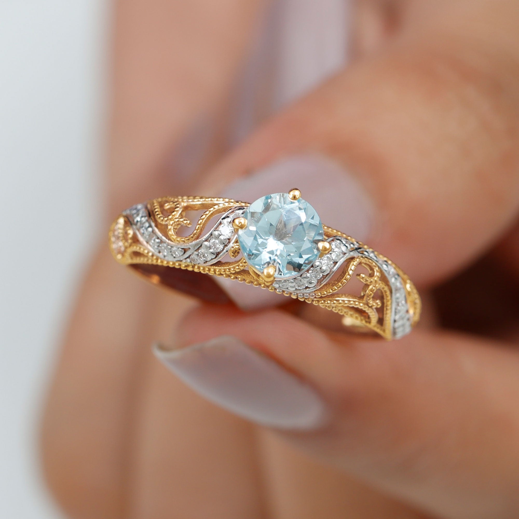 1 CT Vintage Engagement Ring with Aquamarine and Diamond Aquamarine - ( AAA ) - Quality - Rosec Jewels