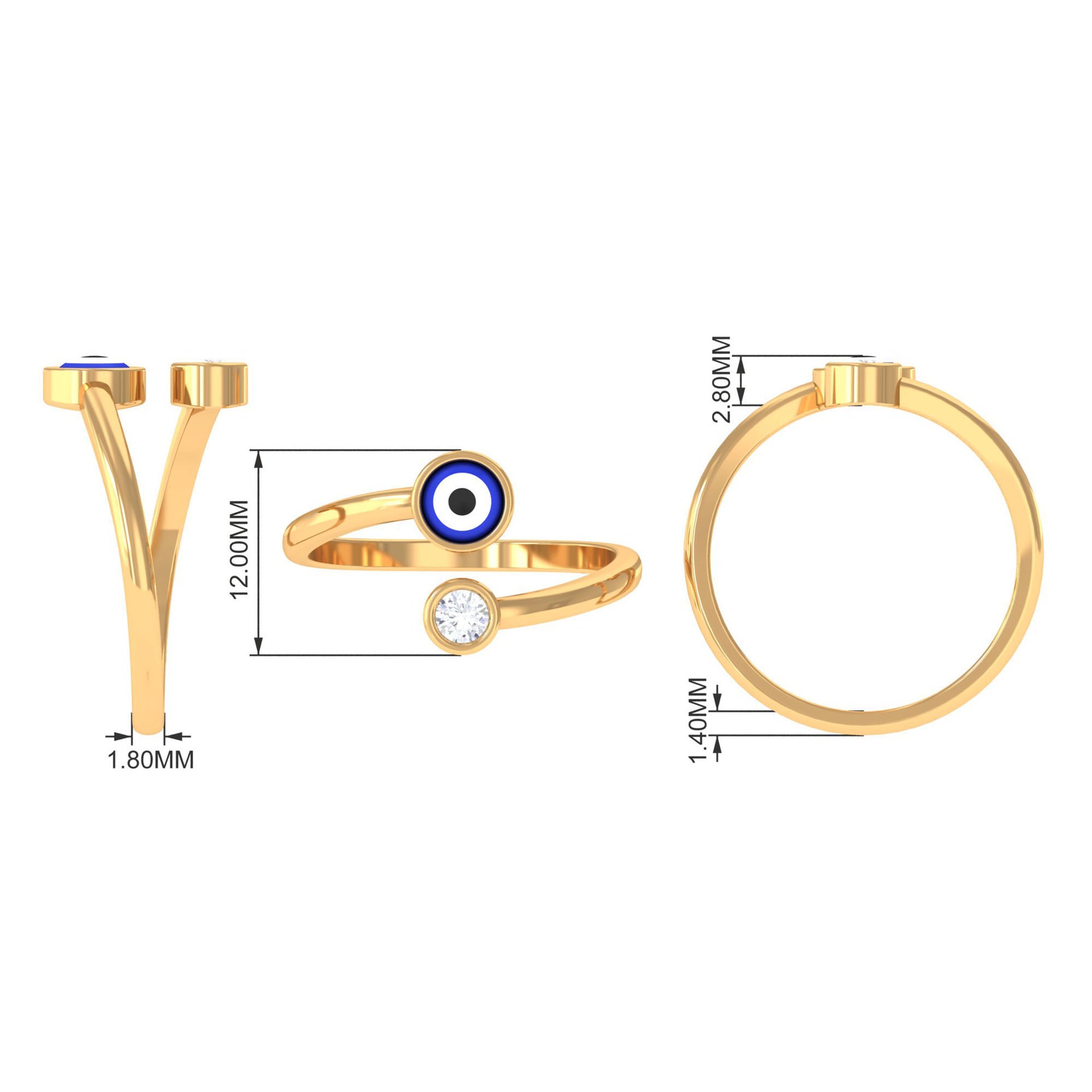 Bezel Set Moissanite and Enameled Evil Eye Wrap Ring in Gold Moissanite - ( D-VS1 ) - Color and Clarity - Rosec Jewels