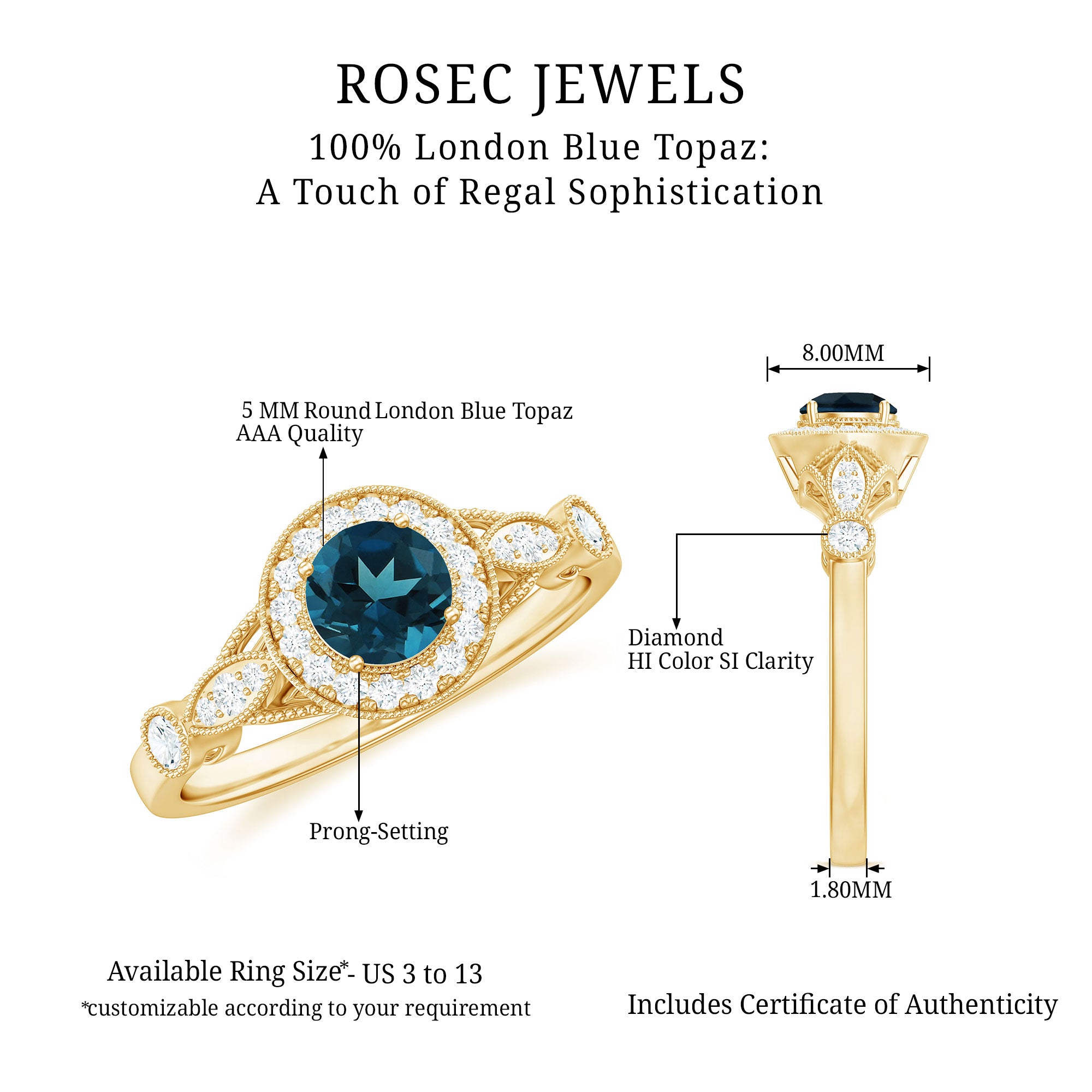 1 CT Antique London Blue Topaz and Diamond Engagement Ring with Milgrain Details London Blue Topaz - ( AAA ) - Quality - Rosec Jewels