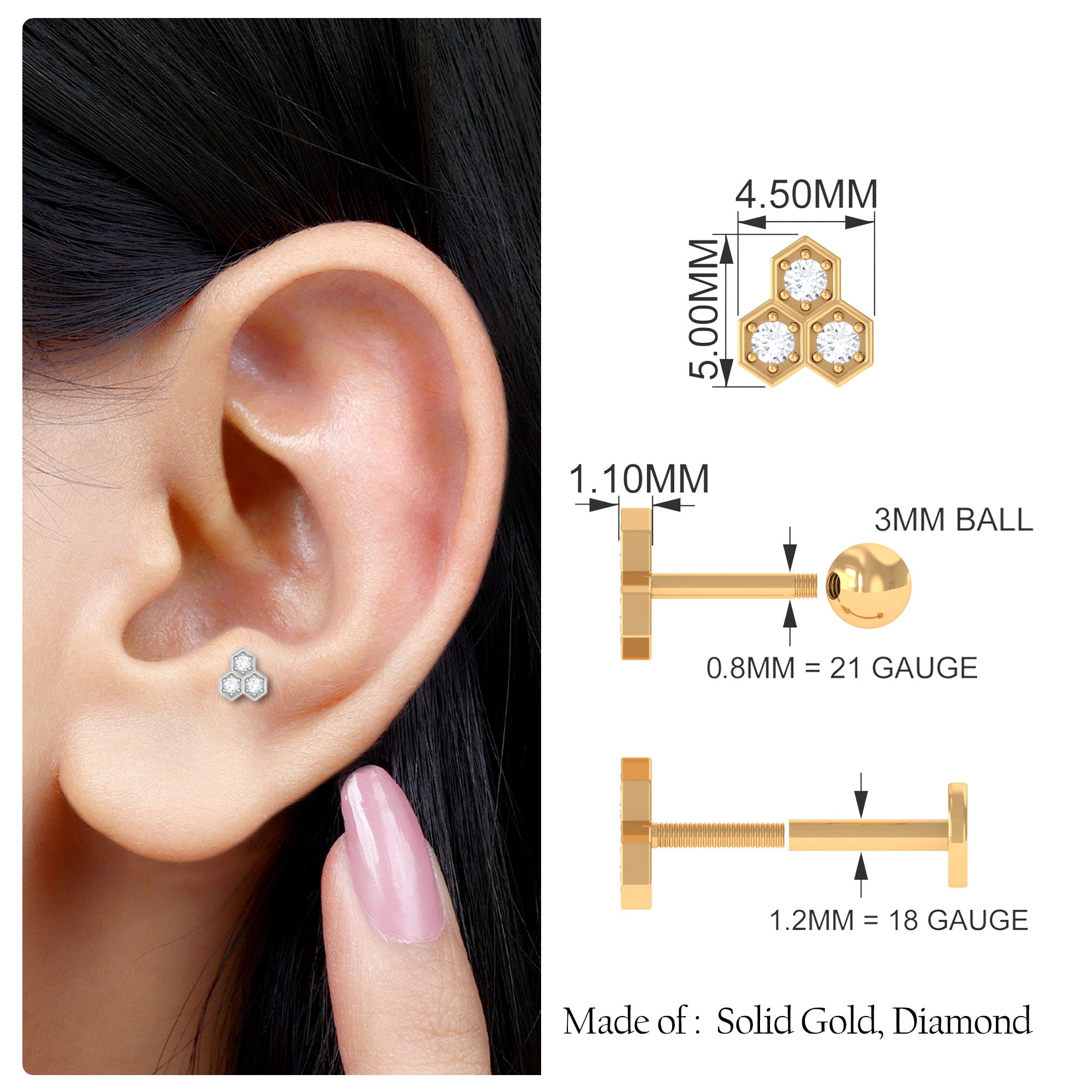 Dainty Diamond Geometric Helix Earring in Gold Diamond - ( HI-SI ) - Color and Clarity - Rosec Jewels