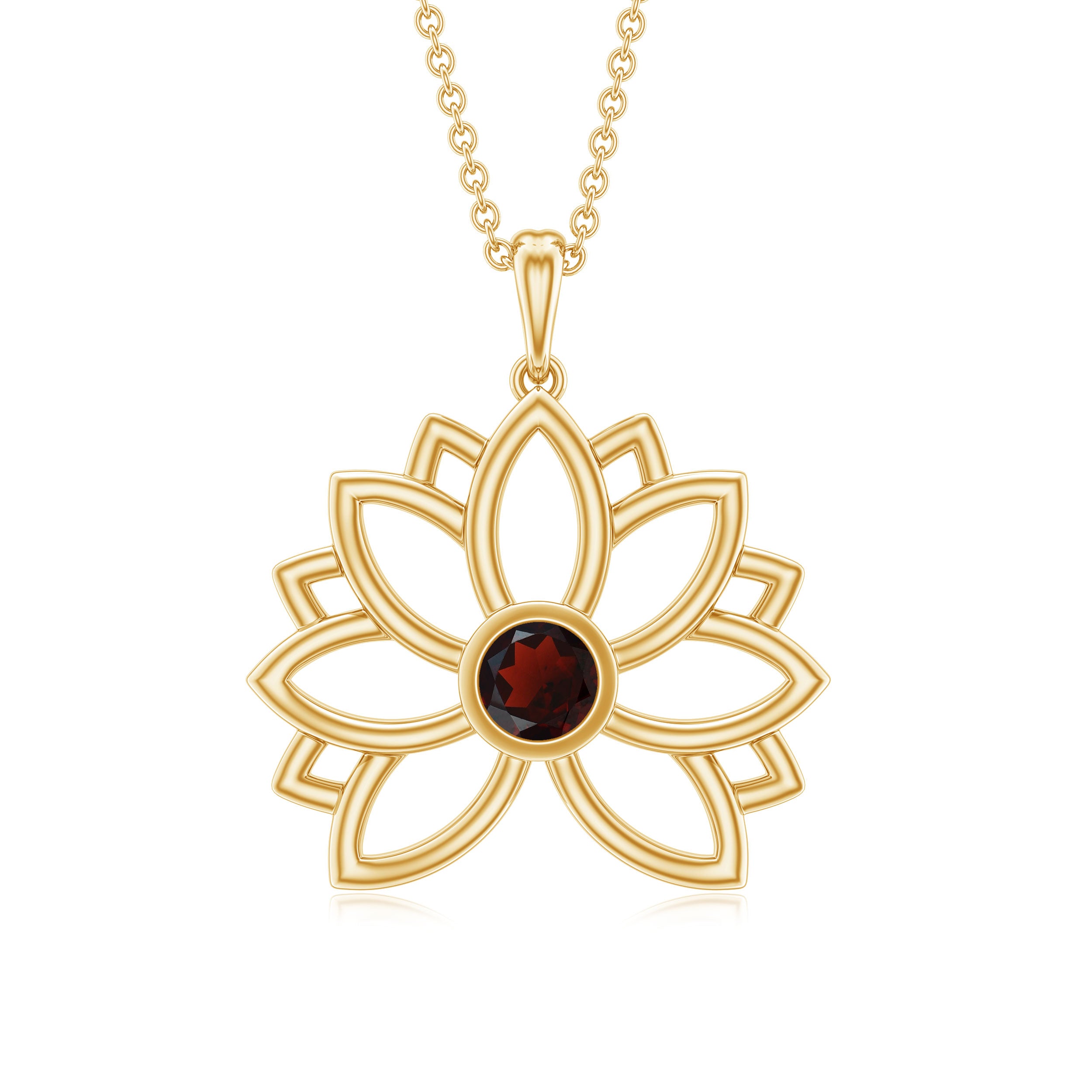 Gold Lotus Flower Pendant with 3 MM Round Cut Garnet Garnet - ( AAA ) - Quality - Rosec Jewels