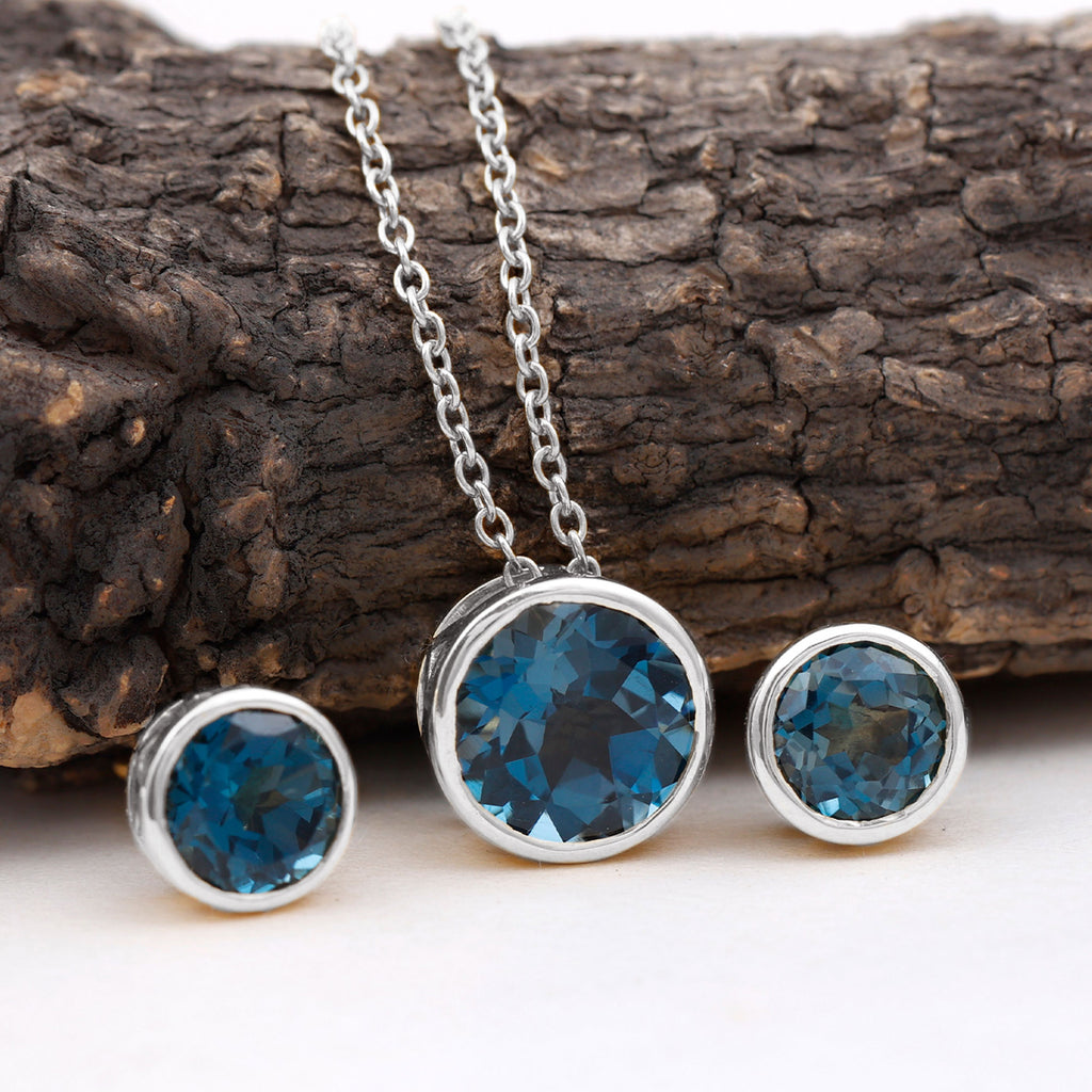 Round Cut London Blue Topaz Solitaire Jewelry Set in Bezel Setting London Blue Topaz - ( AAA ) - Quality - Rosec Jewels