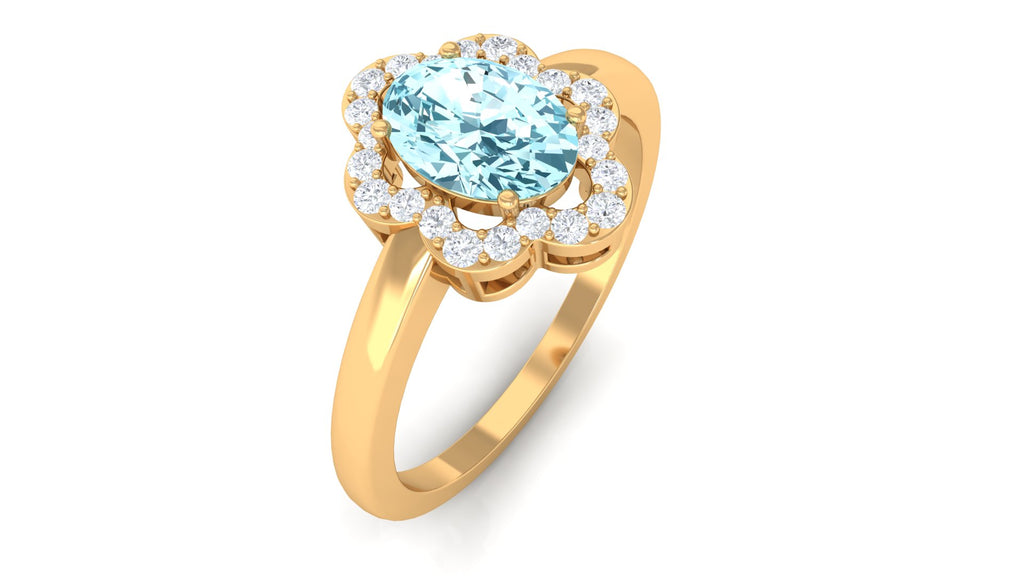 1.25 CT Oval Aquamarine Cocktail Engagement Ring with Diamond Floral Halo Aquamarine - ( AAA ) - Quality - Rosec Jewels