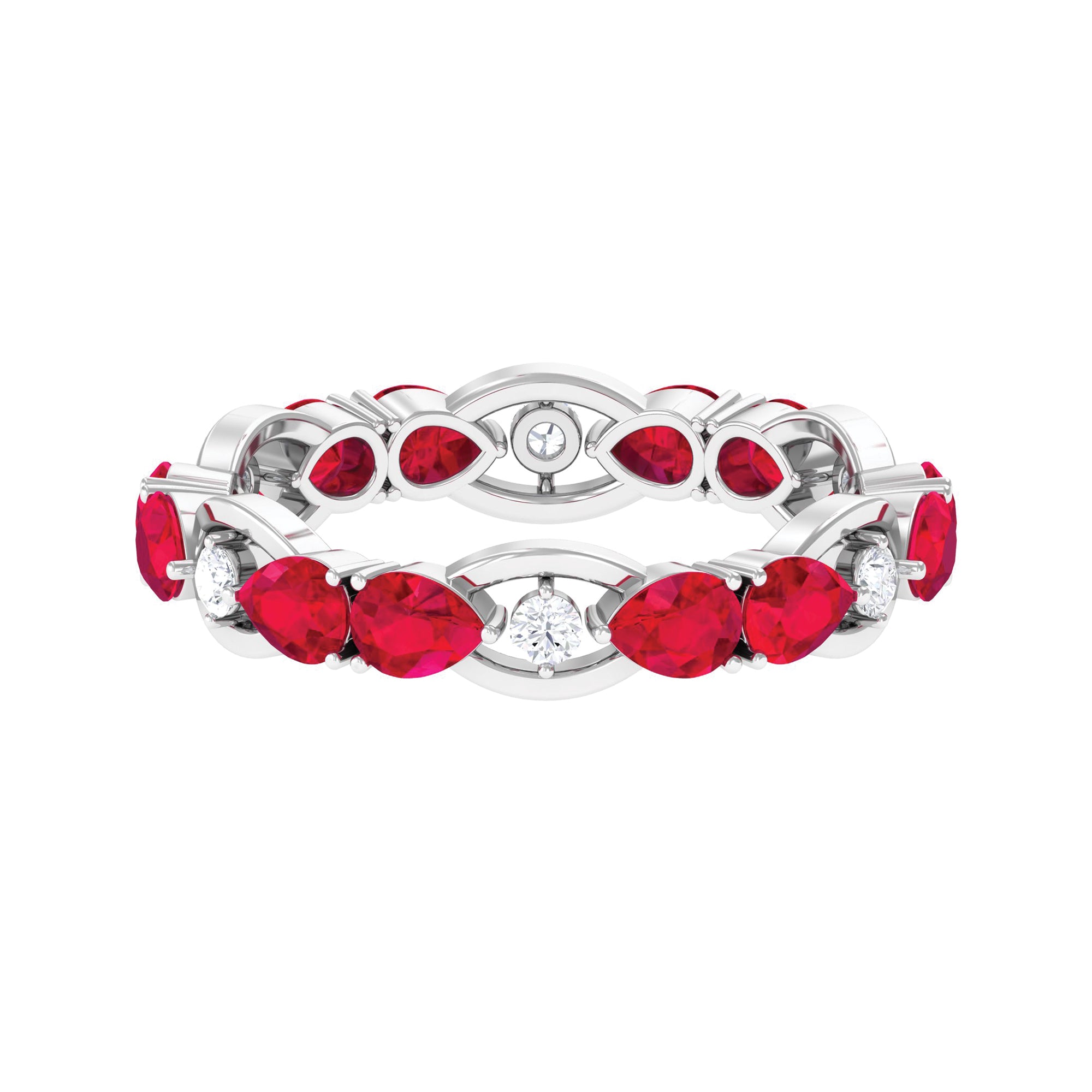Pear Cut Created Ruby East West Gold Eternity Ring with Moissanite Lab Created Ruby - ( AAAA ) - Quality - Rosec Jewels