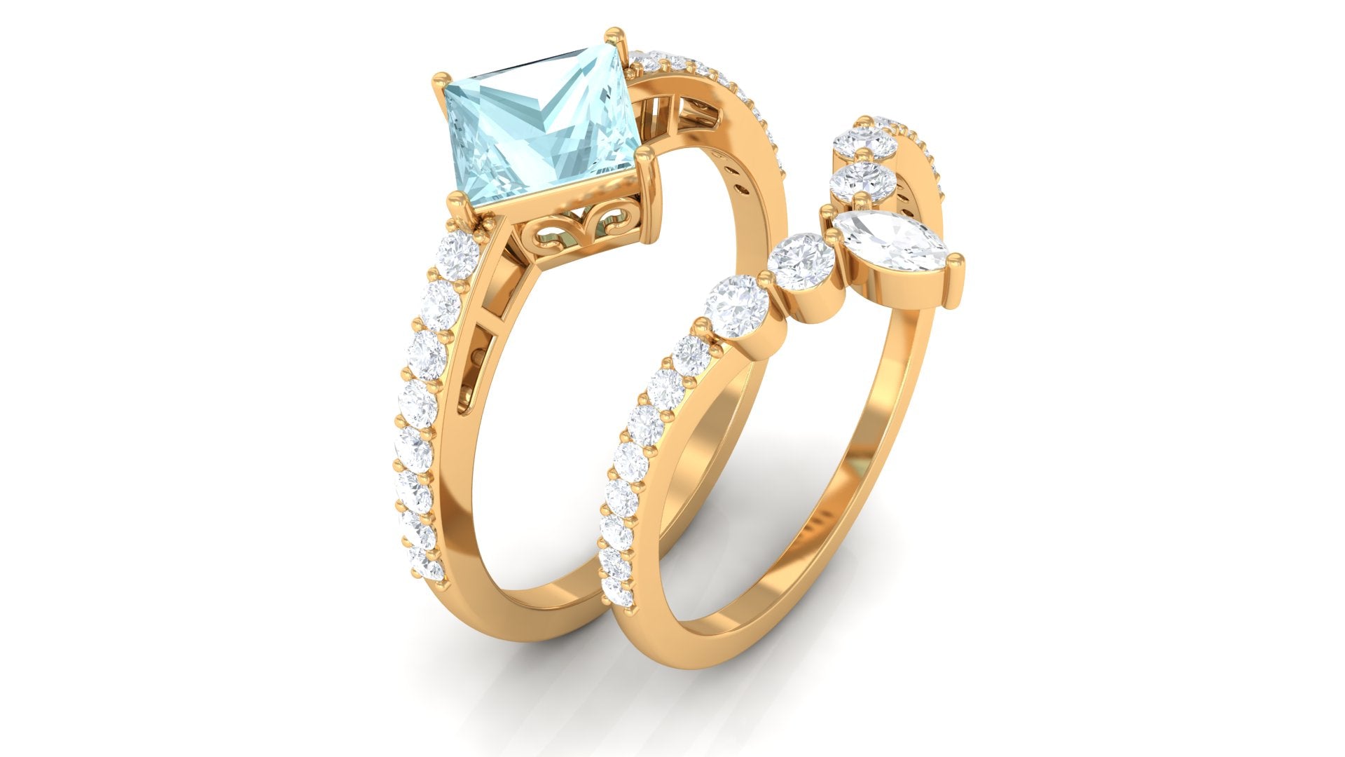 Princess Cut Solitaire Sky Blue Topaz Designer Ring Set with Moissanite Sky Blue Topaz - ( AAA ) - Quality - Rosec Jewels