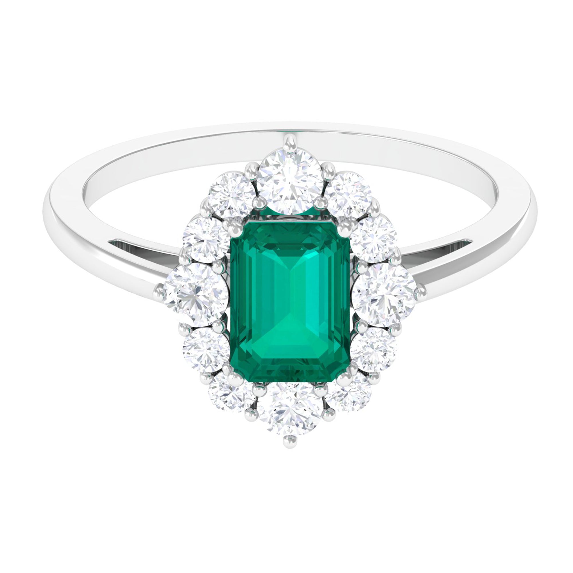 2 CT Classic Emerald Engagement Ring with Diamond Halo Emerald - ( AAA ) - Quality - Rosec Jewels