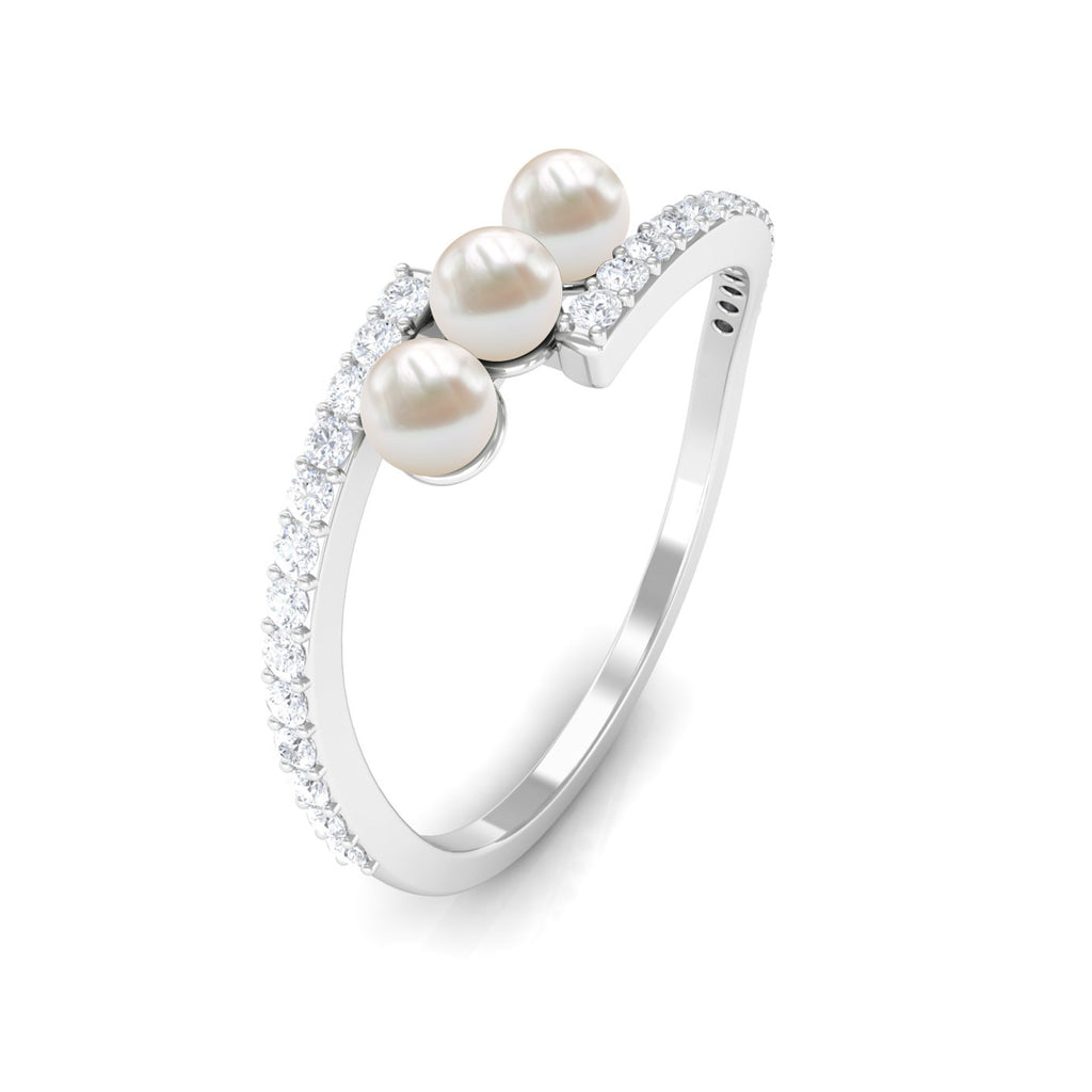 3/4 CT Three Stone Freshwater Pearl Bypass Ring with Diamond Freshwater Pearl - ( AAA ) - Quality - Rosec Jewels