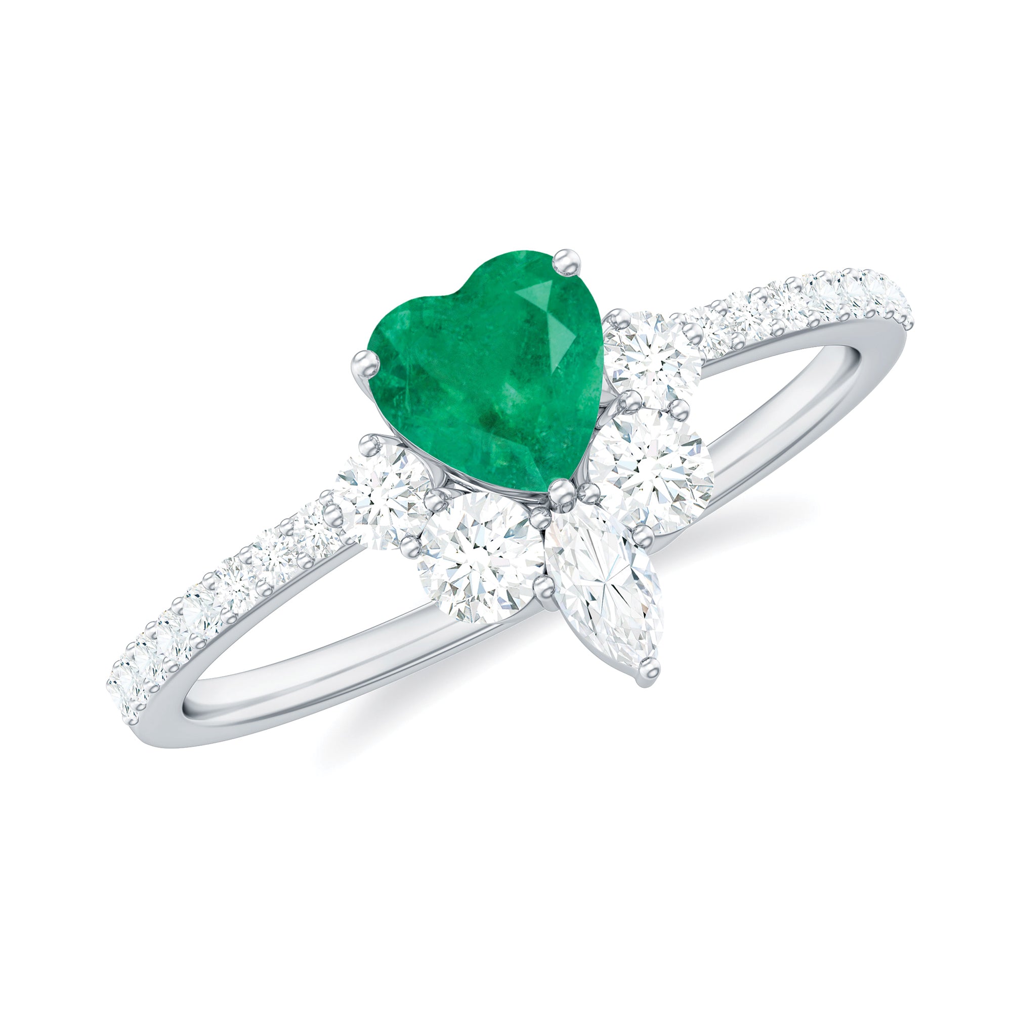 Heart Shape Emerald Engagement Ring with Diamond Side Stones Emerald - ( AAA ) - Quality - Rosec Jewels