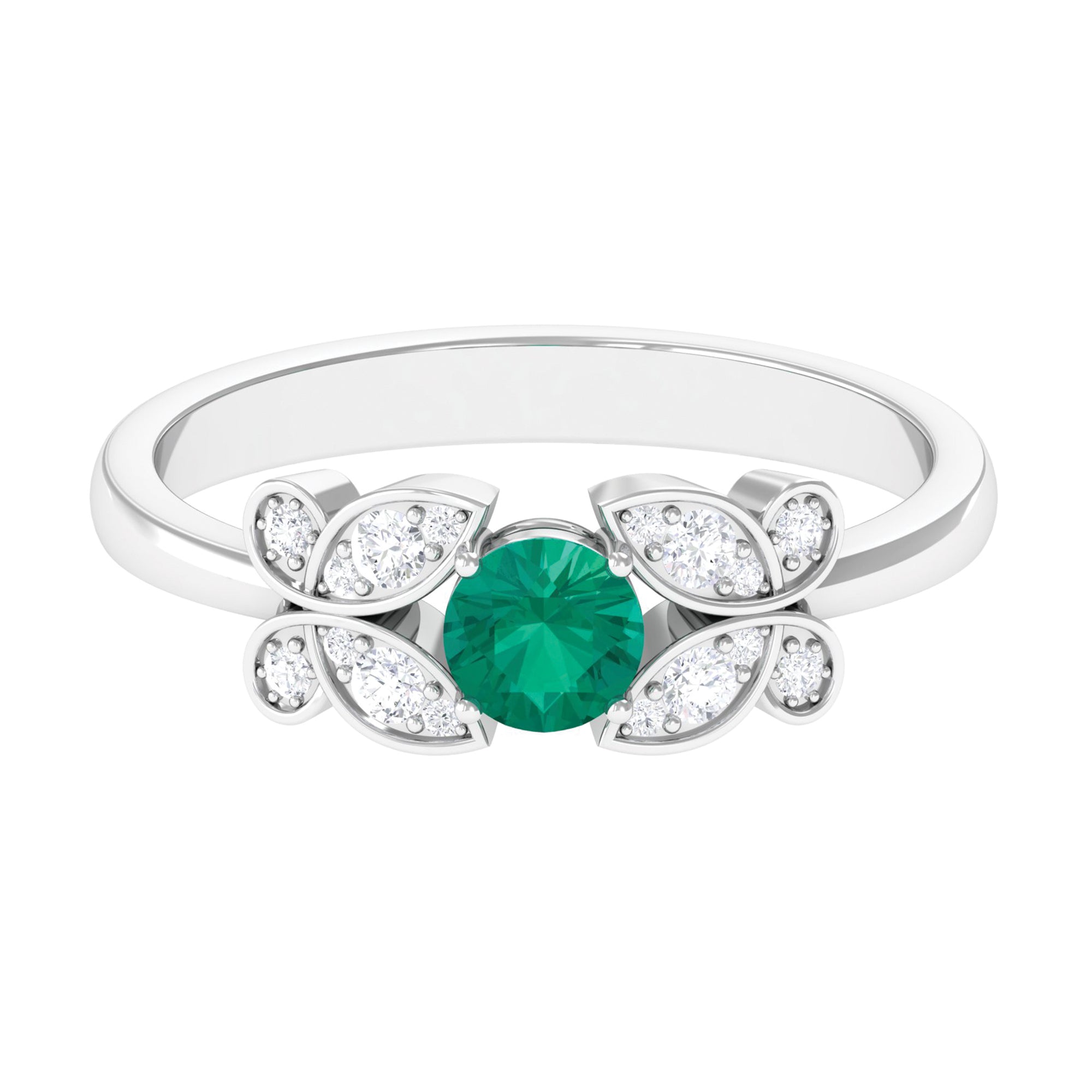 Round Emerald Butterfly Engagement Ring with Diamond Emerald - ( AAA ) - Quality - Rosec Jewels