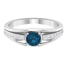 3/4 CT Round Shape London Blue Topaz Solitaire Ring with Diamond Side Stones London Blue Topaz - ( AAA ) - Quality - Rosec Jewels