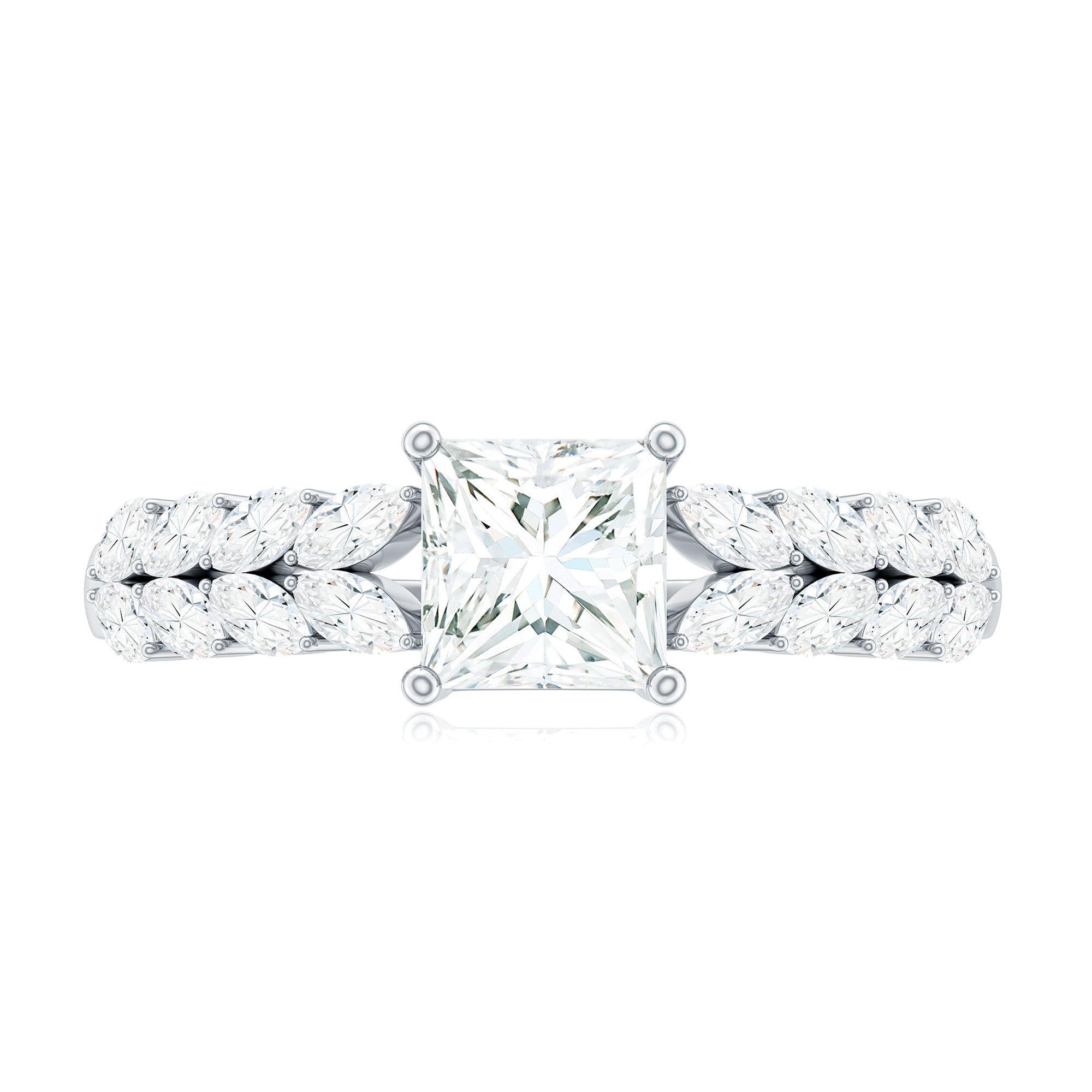Princess Cut Moissanite Engagement Ring with Marquise Side Stones Moissanite - ( D-VS1 ) - Color and Clarity - Rosec Jewels