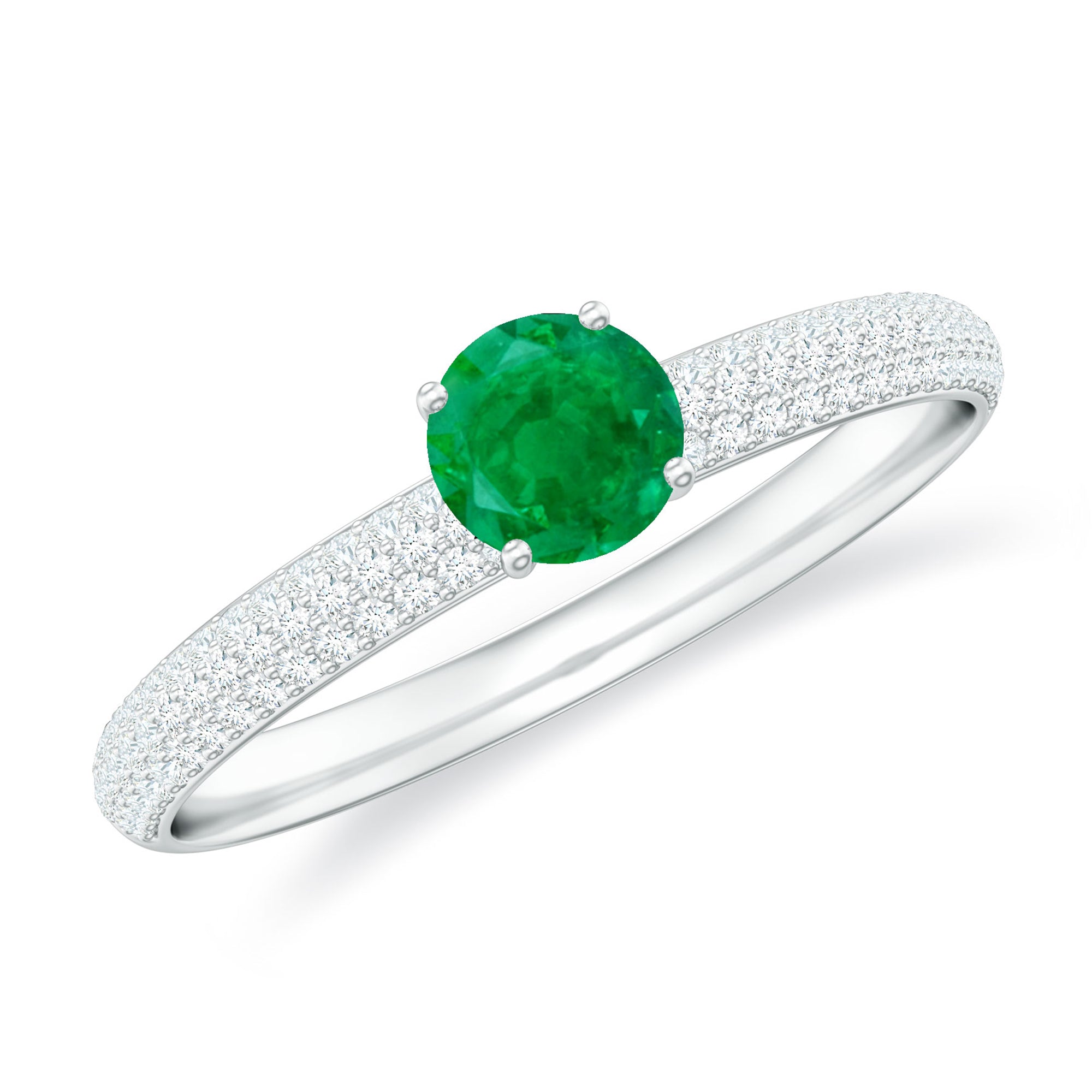 Round Emerald Solitaire Ring with Diamond Side Stones Emerald - ( AAA ) - Quality - Rosec Jewels